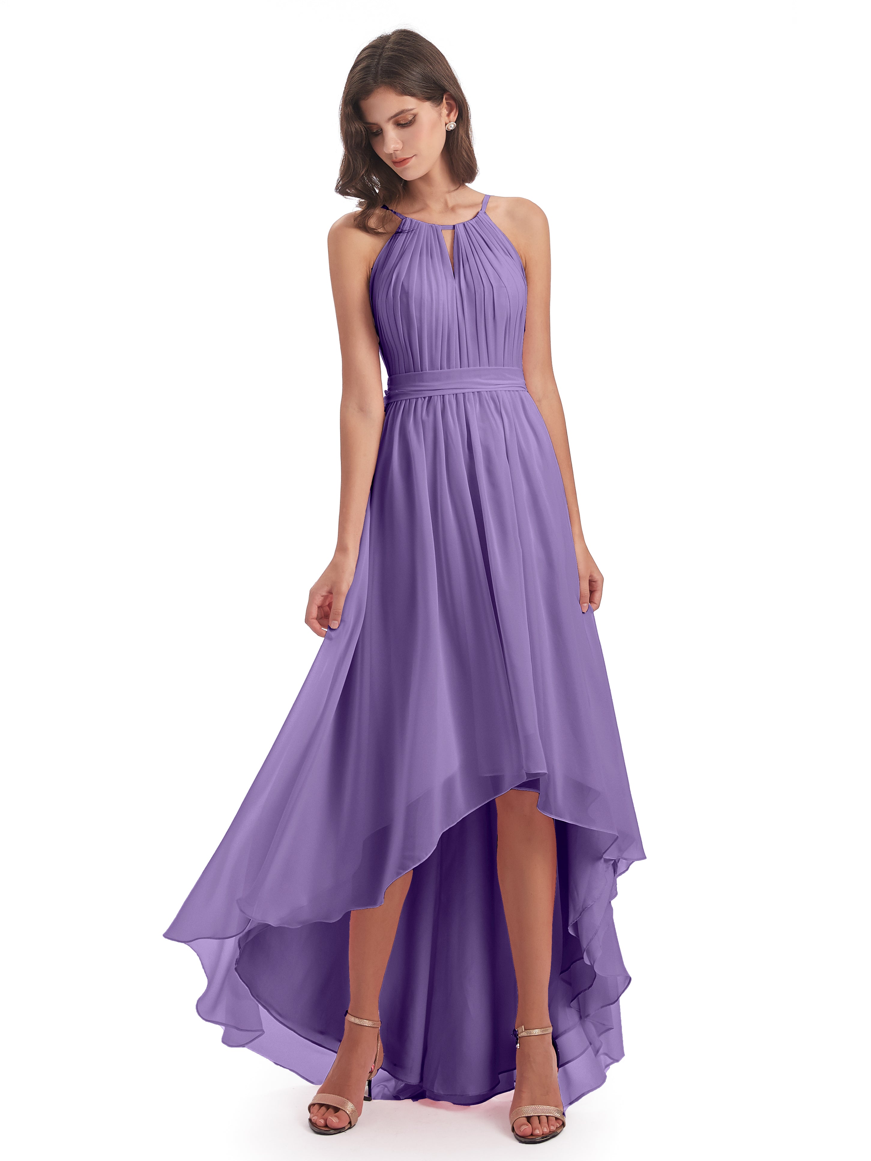 Robes De Demoiselle D'Honneur Tahiti Asymétrique Haute Basse Licou Mousseline Robes Demoiselle D'Honneur