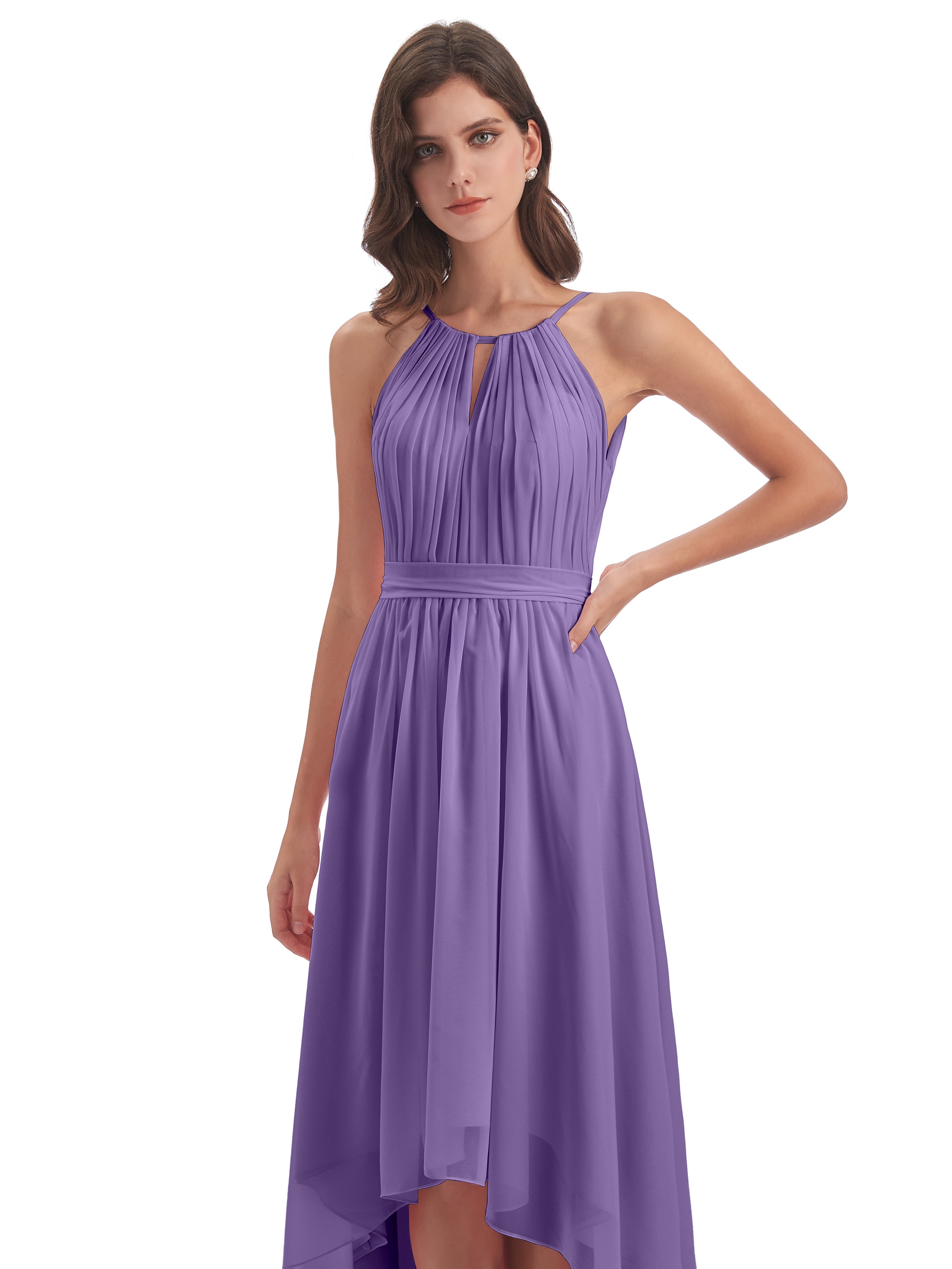 Robes De Demoiselle D'Honneur Tahiti Asymétrique Haute Basse Licou Mousseline Robes Demoiselle D'Honneur