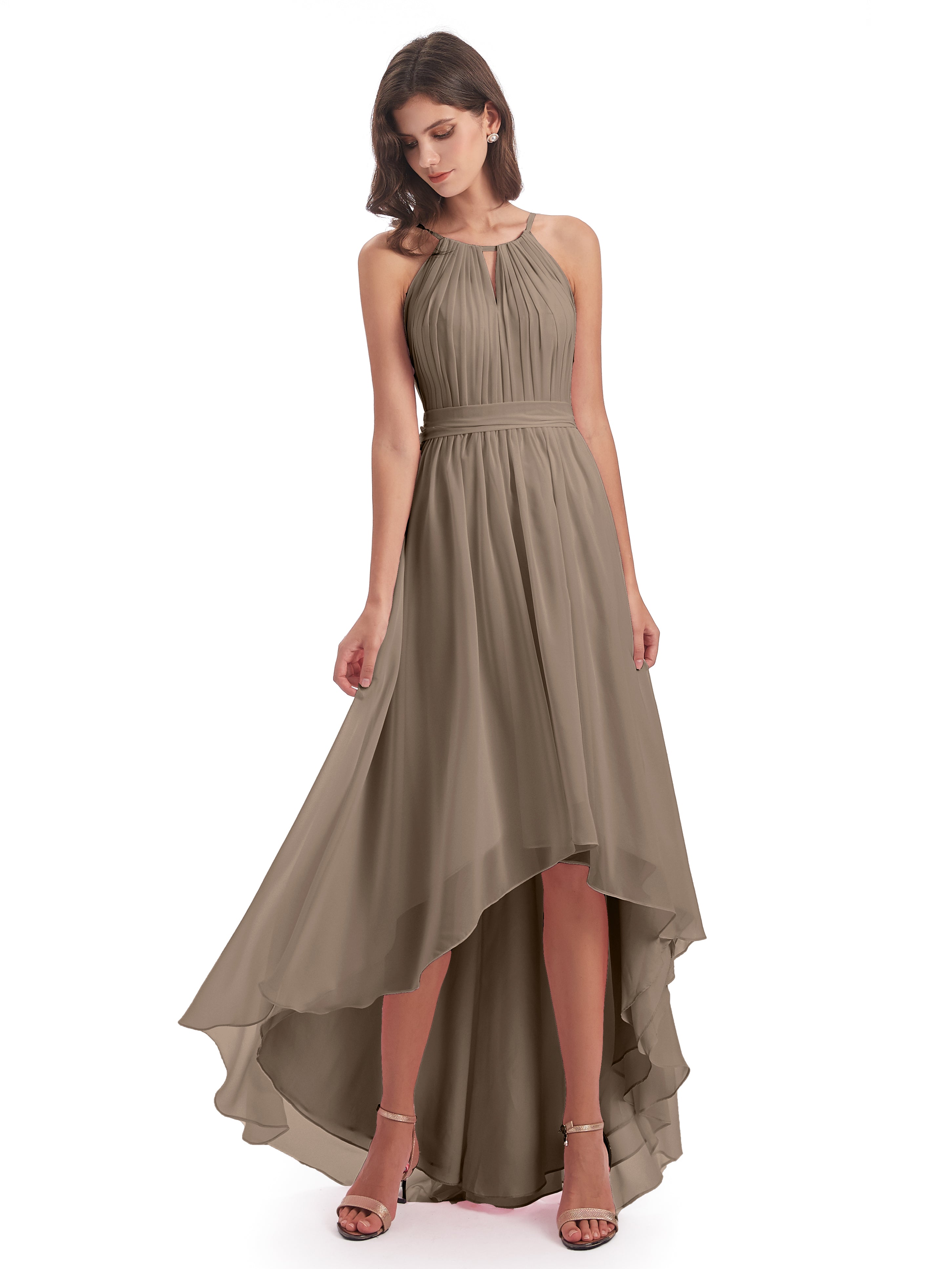 Robe De Couleur Taupe Asymétrique Haute Basse Licou Mousseline Robes Demoiselle D'Honneur