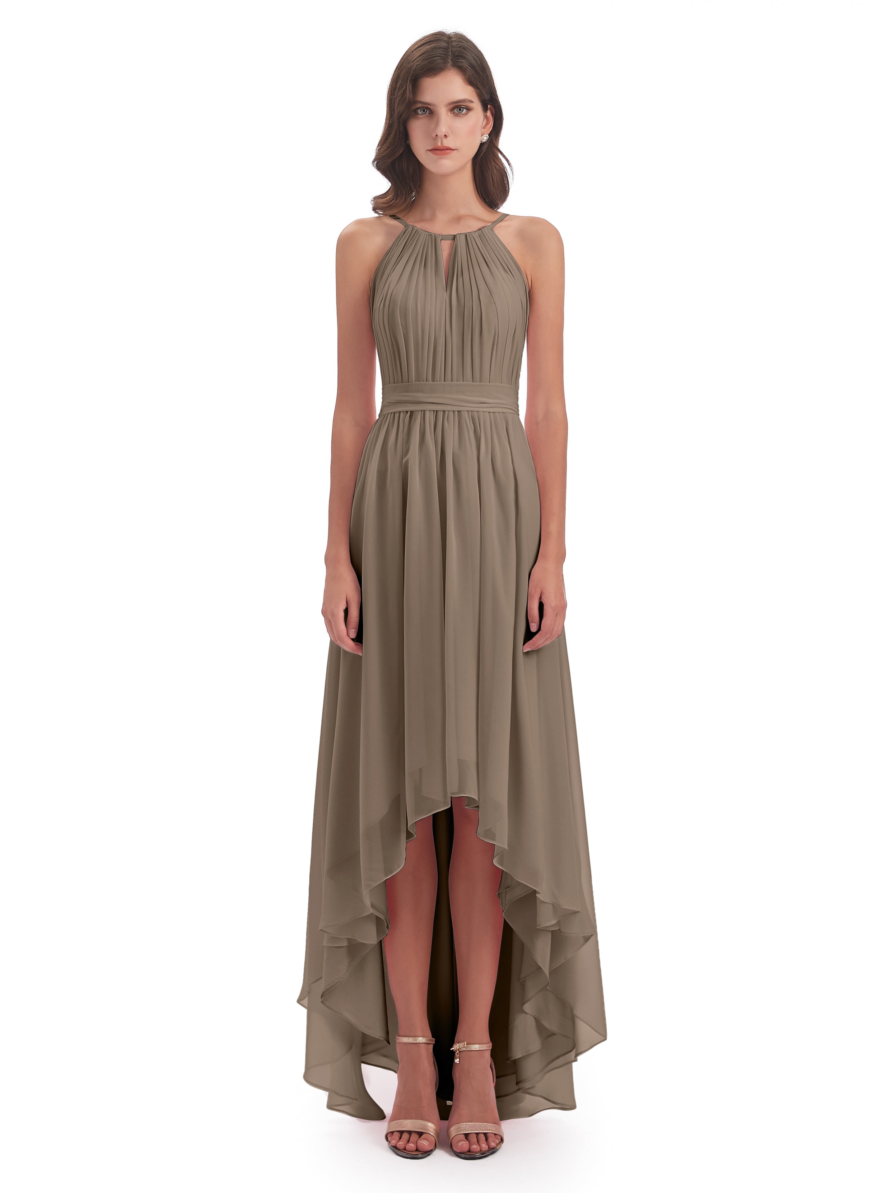 Robe De Couleur Taupe Asymétrique Haute Basse Licou Mousseline Robes Demoiselle D'Honneur