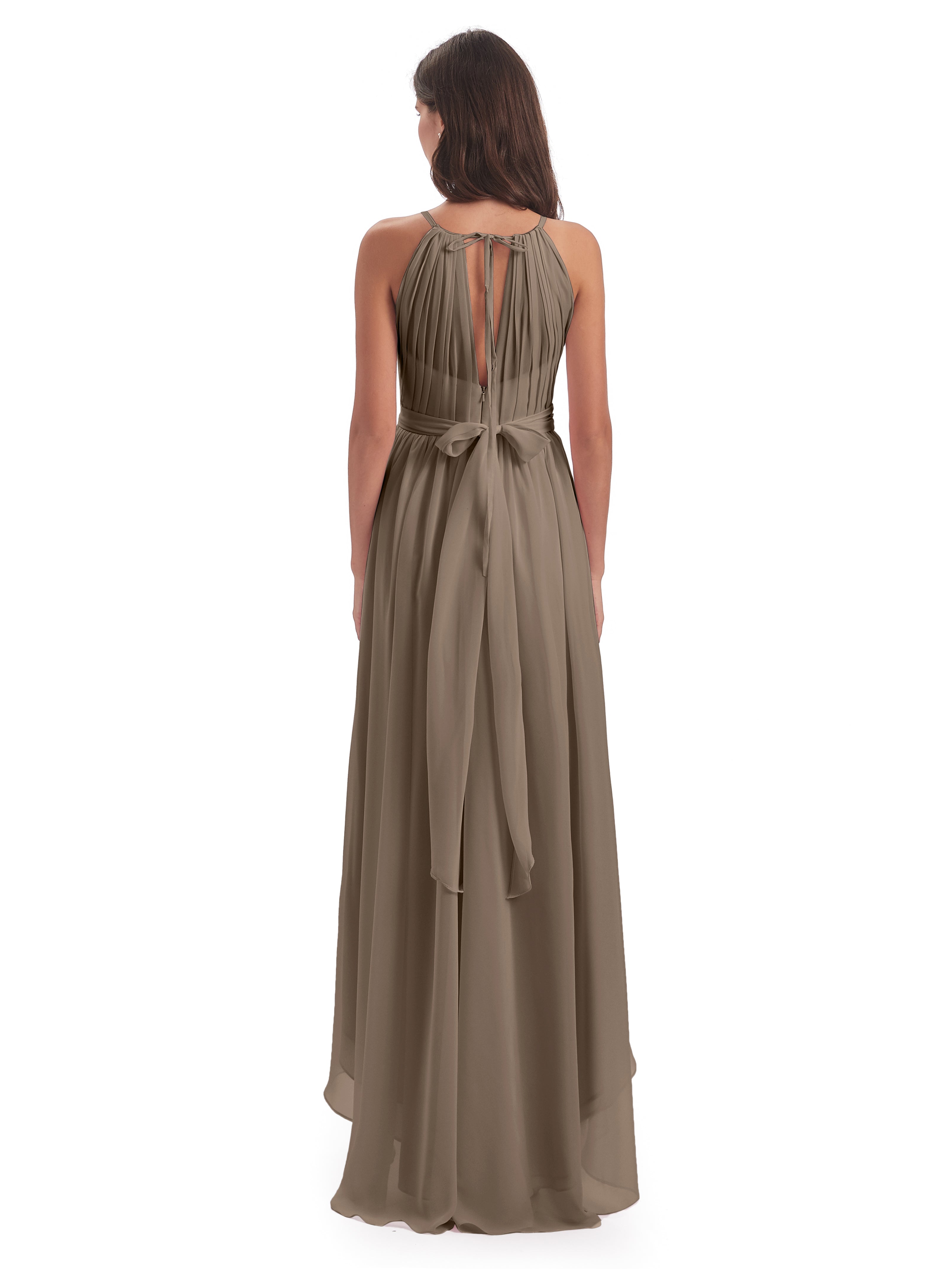 Robe De Couleur Taupe Asymétrique Haute Basse Licou Mousseline Robes Demoiselle D'Honneur