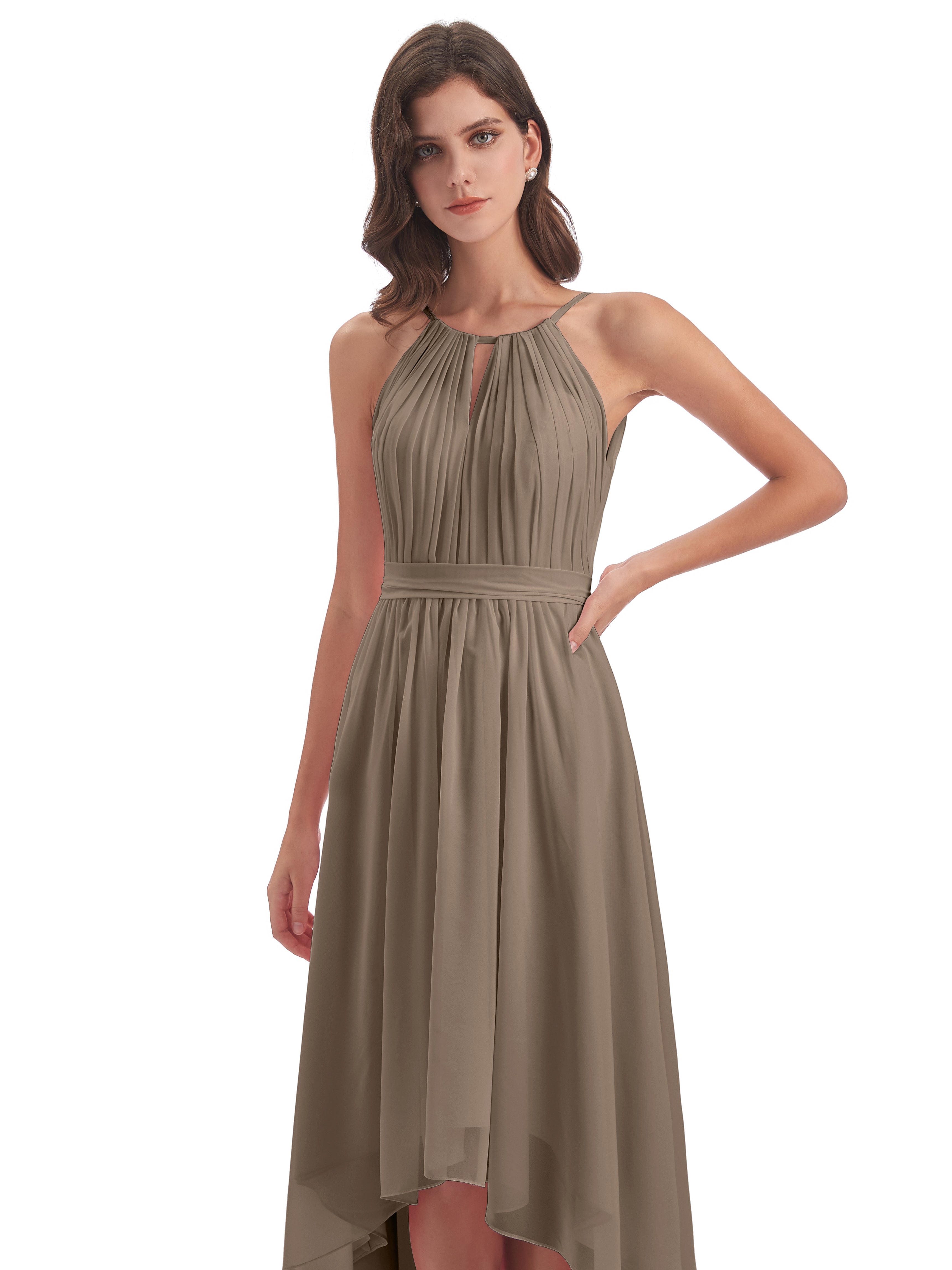 Robe De Couleur Taupe Asymétrique Haute Basse Licou Mousseline Robes Demoiselle D'Honneur