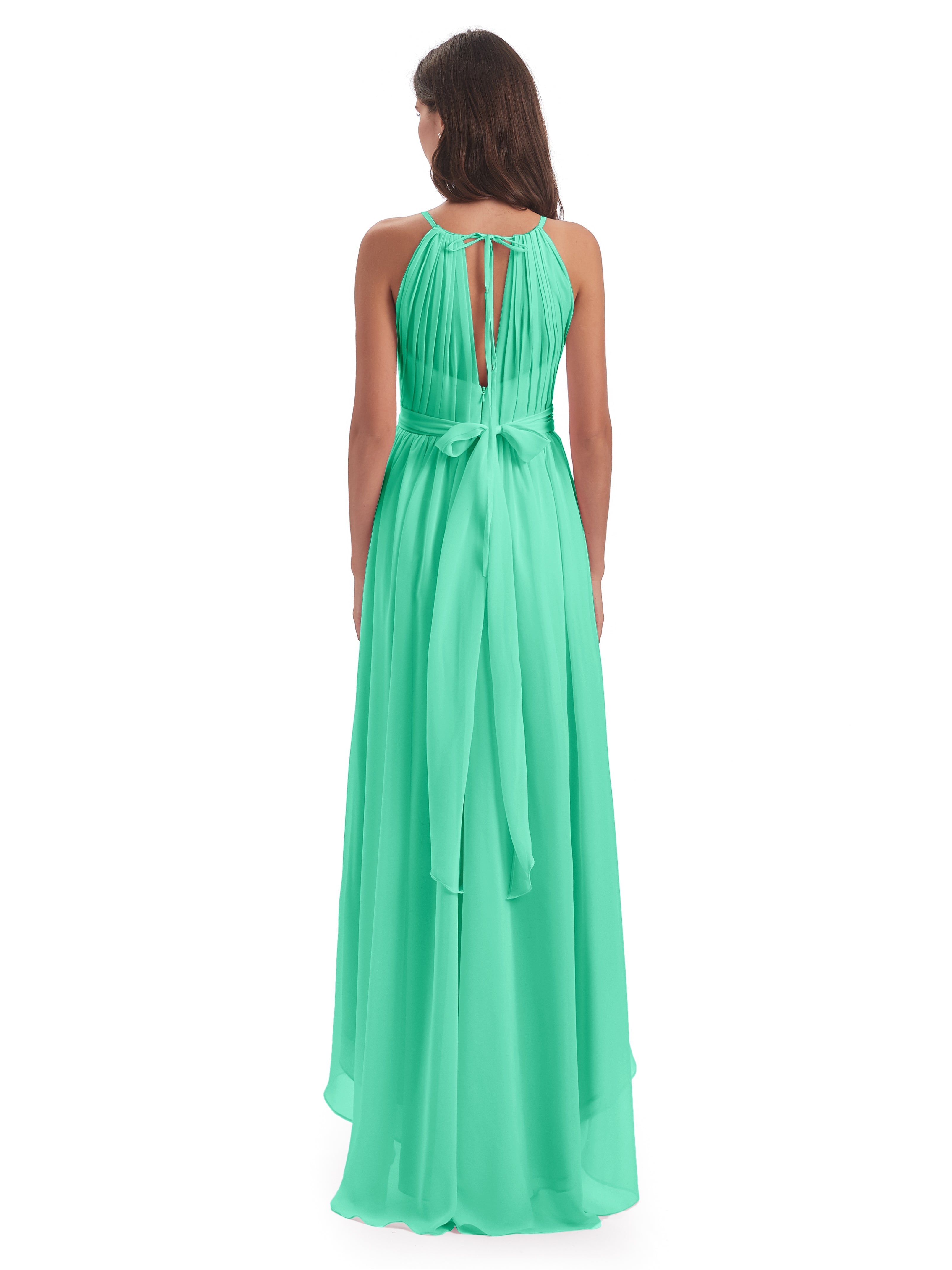 Robe De Demoiselle D Honneur Bleu Turquoise Asymétrique Haute Basse Licou Mousseline Robes Demoiselle D'Honneur