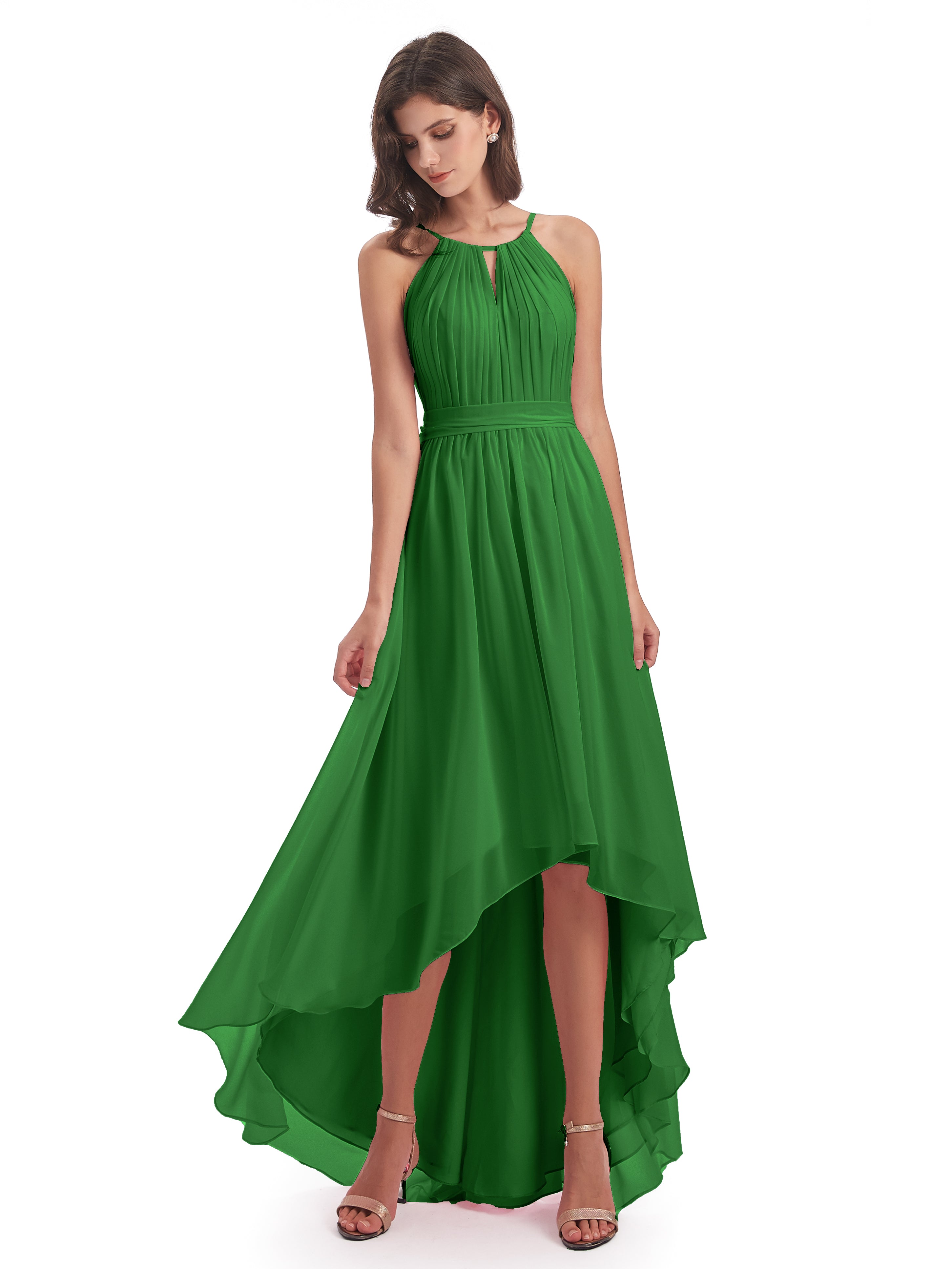 Demoiselle D Honneur Vert Asymétrique Haute Basse Licou Mousseline Robes Demoiselle D'Honneur