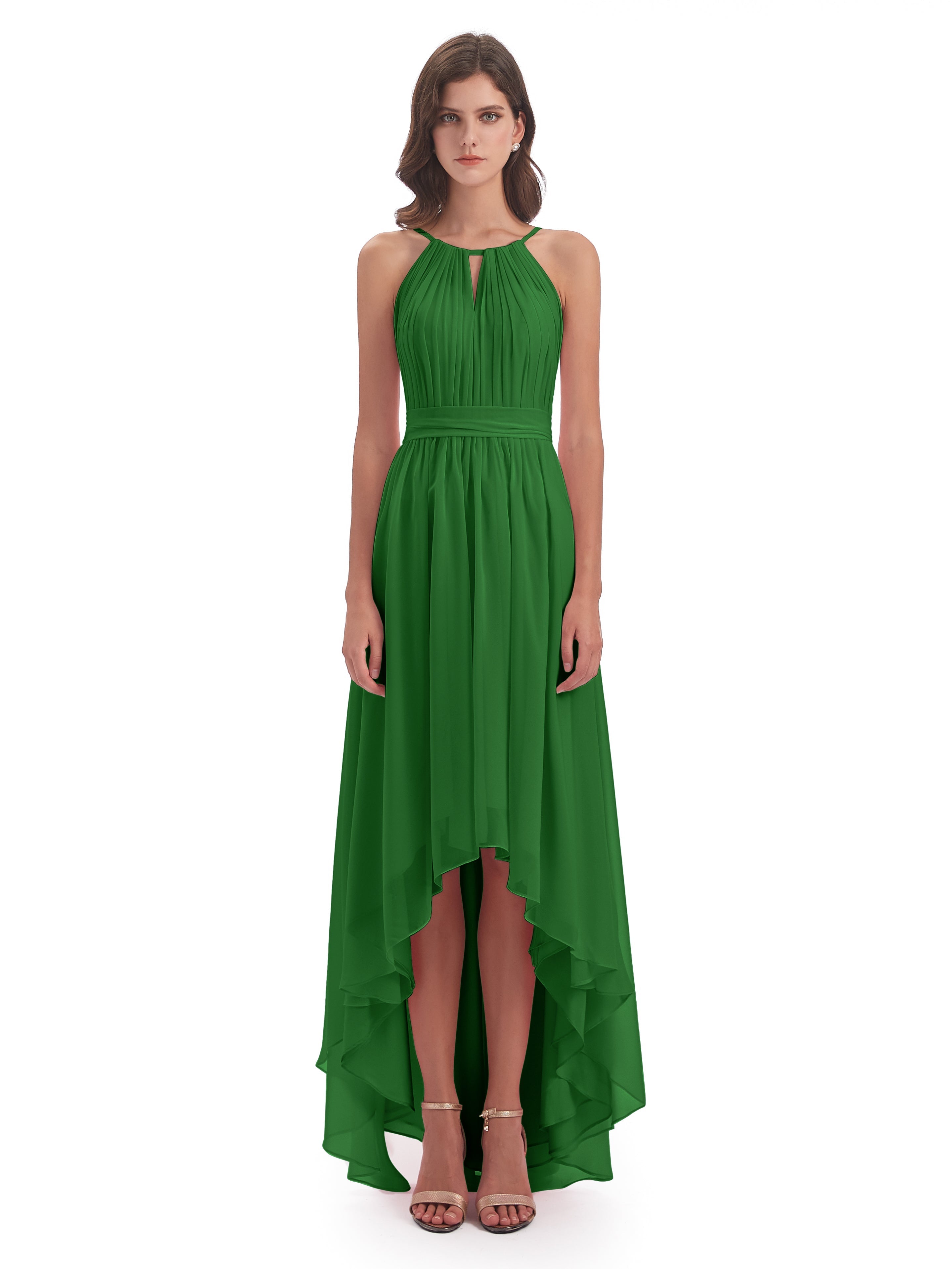 Demoiselle D Honneur Vert Asymétrique Haute Basse Licou Mousseline Robes Demoiselle D'Honneur