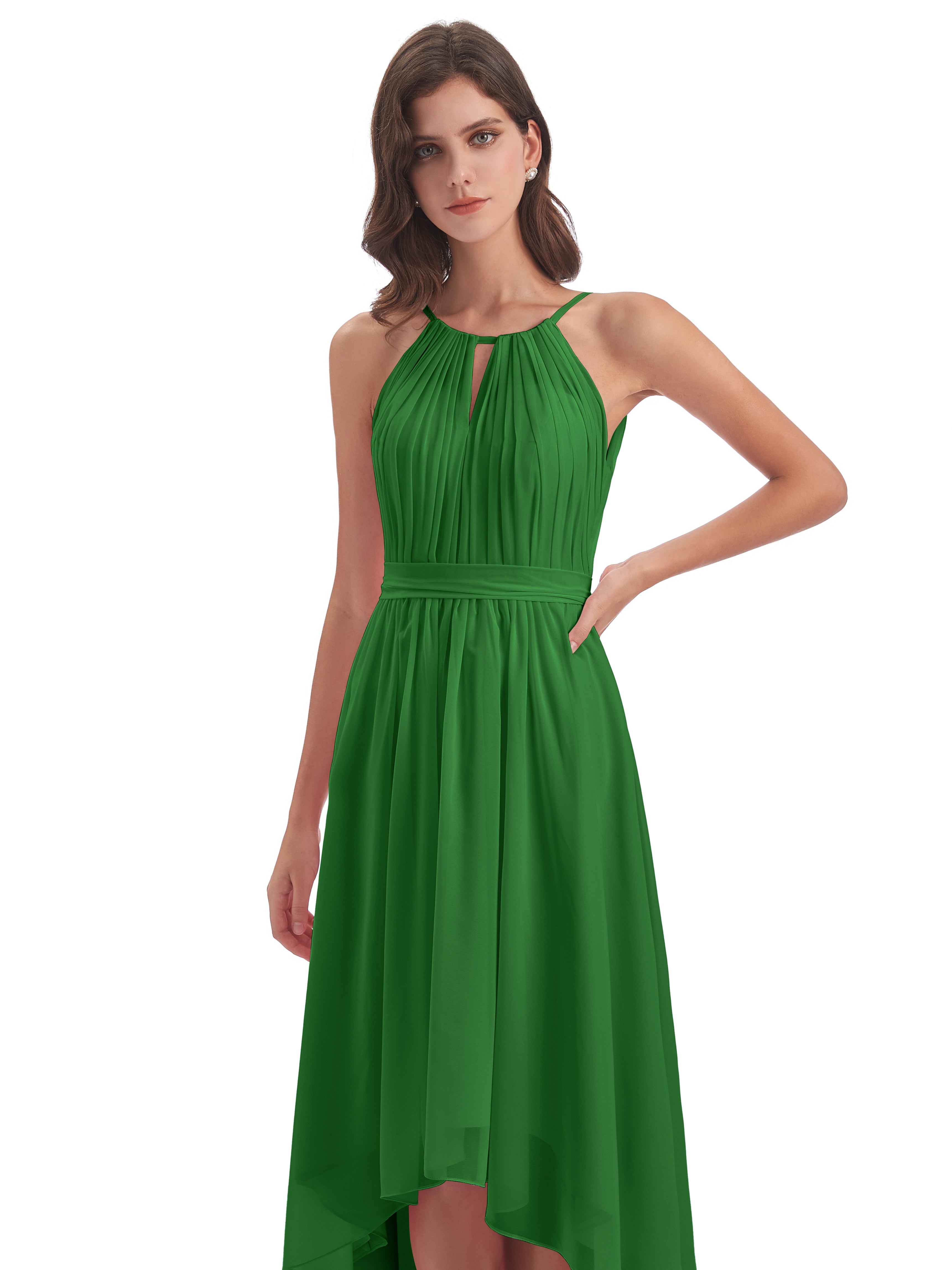 Demoiselle D Honneur Vert Asymétrique Haute Basse Licou Mousseline Robes Demoiselle D'Honneur