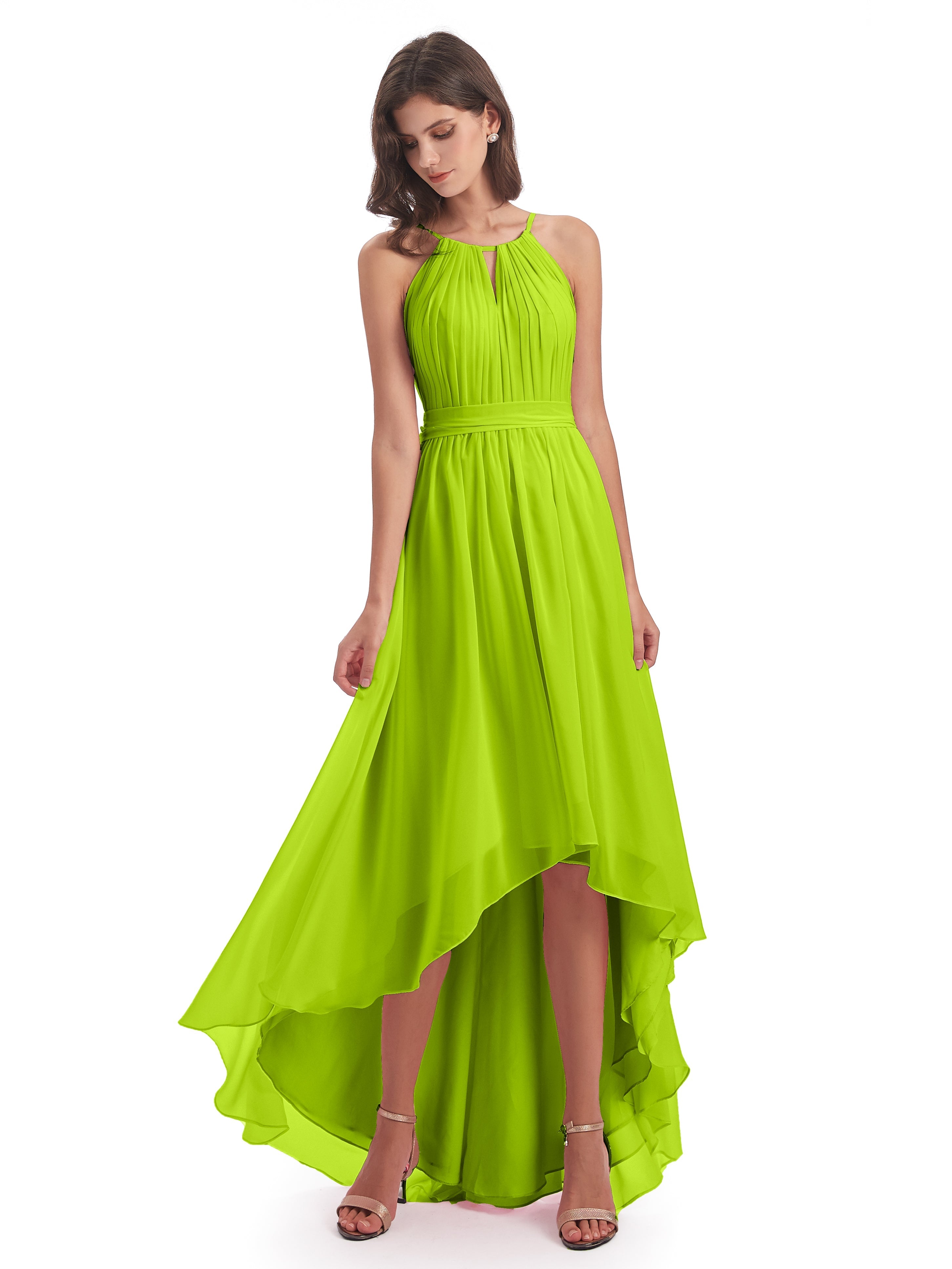 Robes De Demoiselle D'Honneur Vert Citron Asymétrique Haute Basse Licou Mousseline Robes Demoiselle D'Honneur