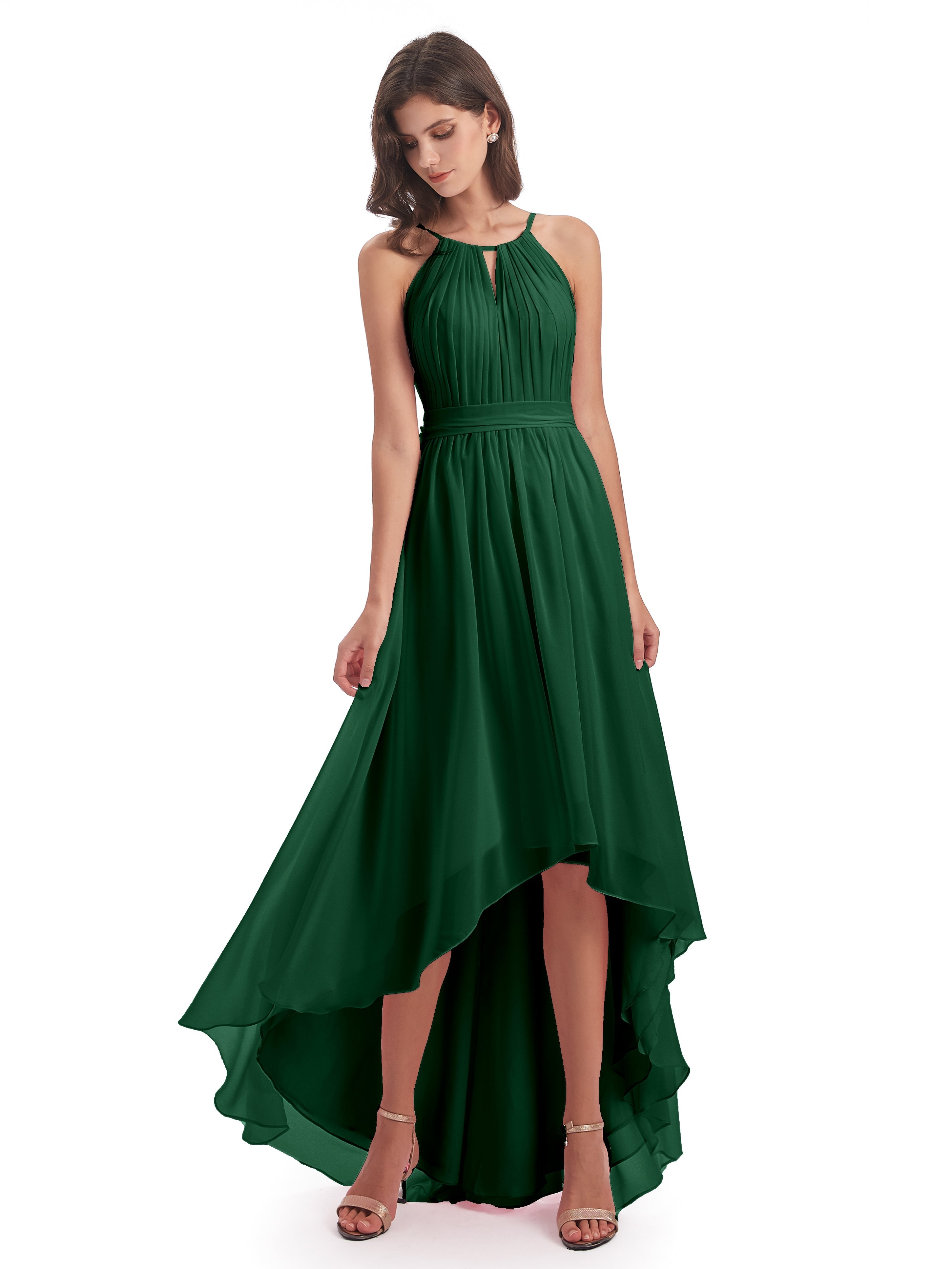 Robe Demoiselle D Honneur Vert Foncé Asymétrique Haute Basse Licou Mousseline Robes Demoiselle D'Honneur