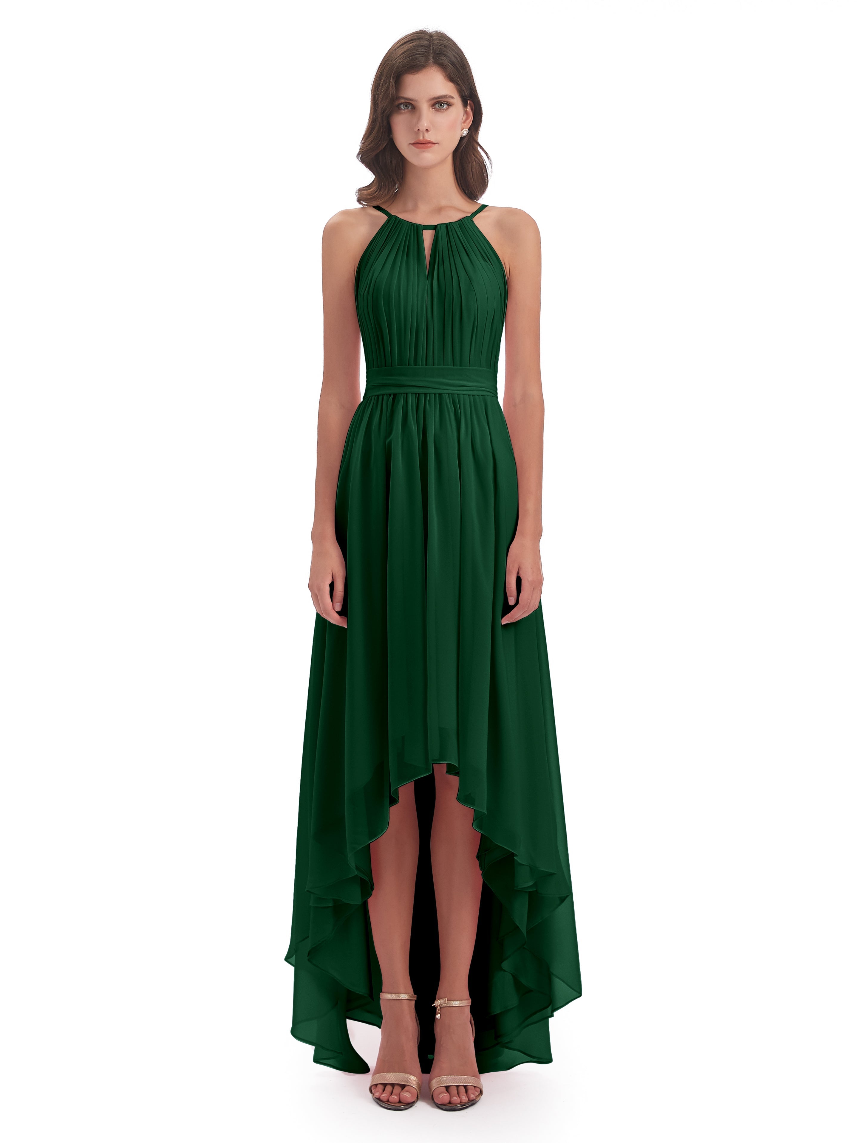 Robe Demoiselle D Honneur Vert Foncé Asymétrique Haute Basse Licou Mousseline Robes Demoiselle D'Honneur