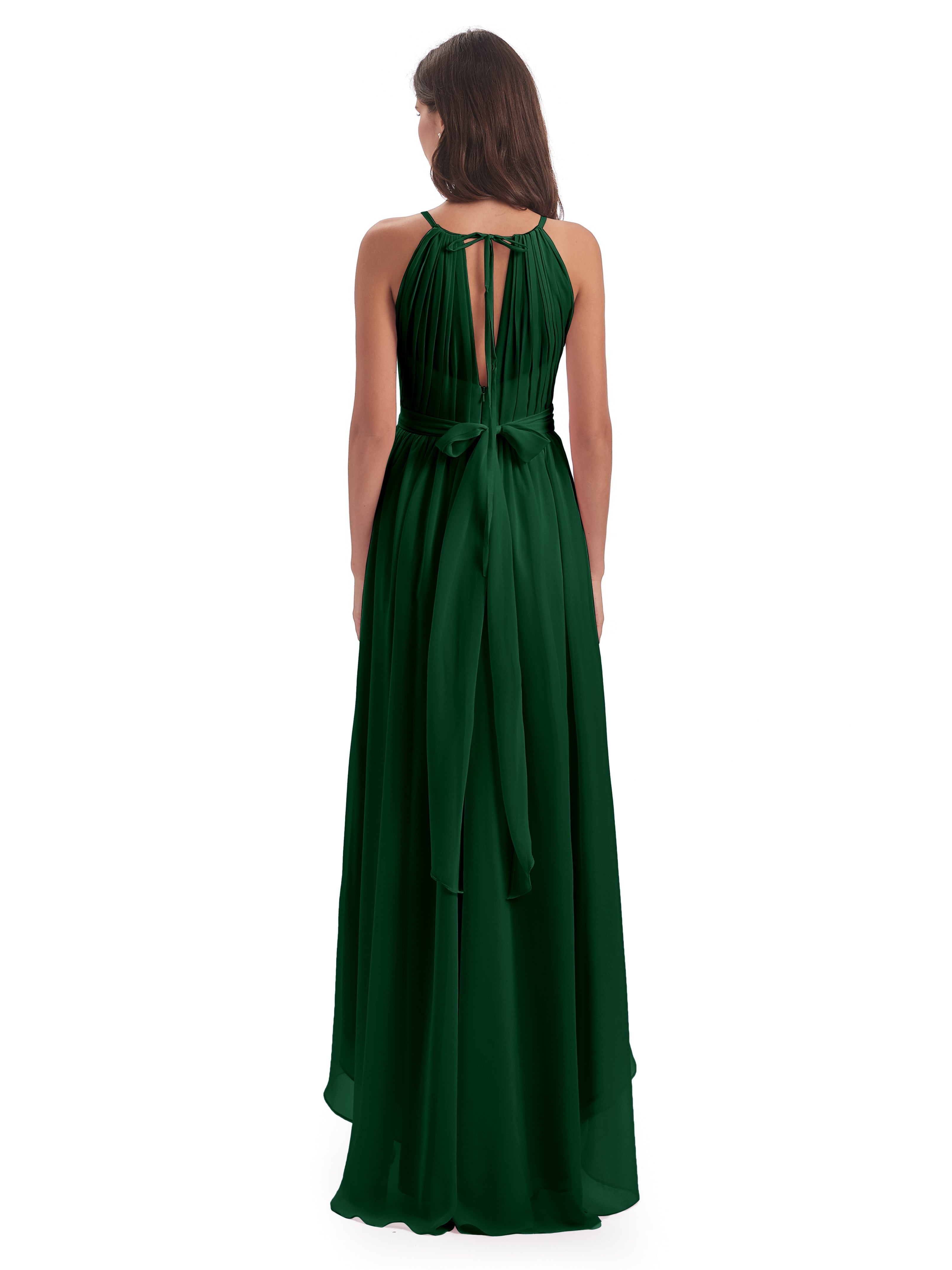 Robe Demoiselle D Honneur Vert Foncé Asymétrique Haute Basse Licou Mousseline Robes Demoiselle D'Honneur