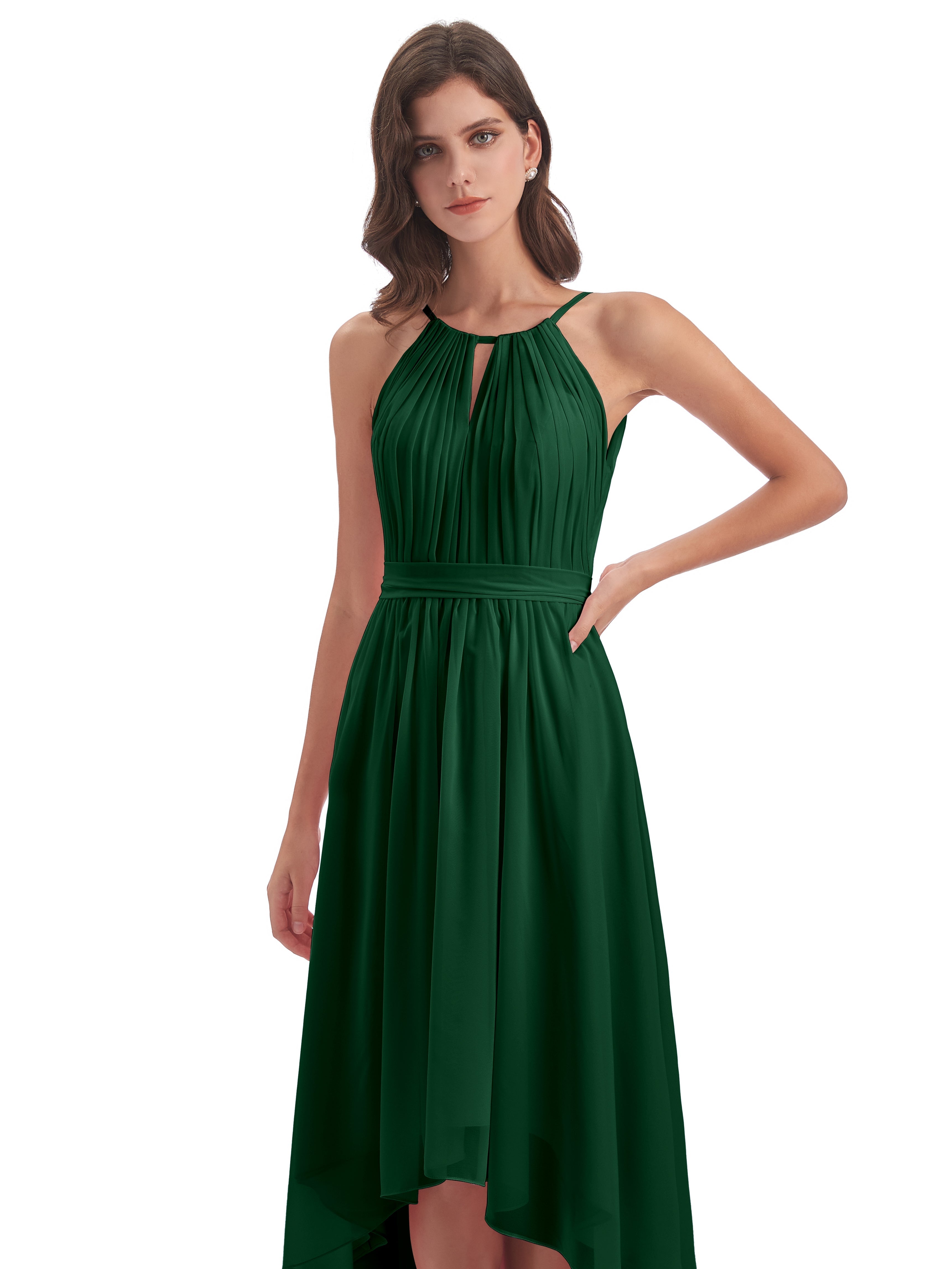 Robe Demoiselle D Honneur Vert Foncé Asymétrique Haute Basse Licou Mousseline Robes Demoiselle D'Honneur