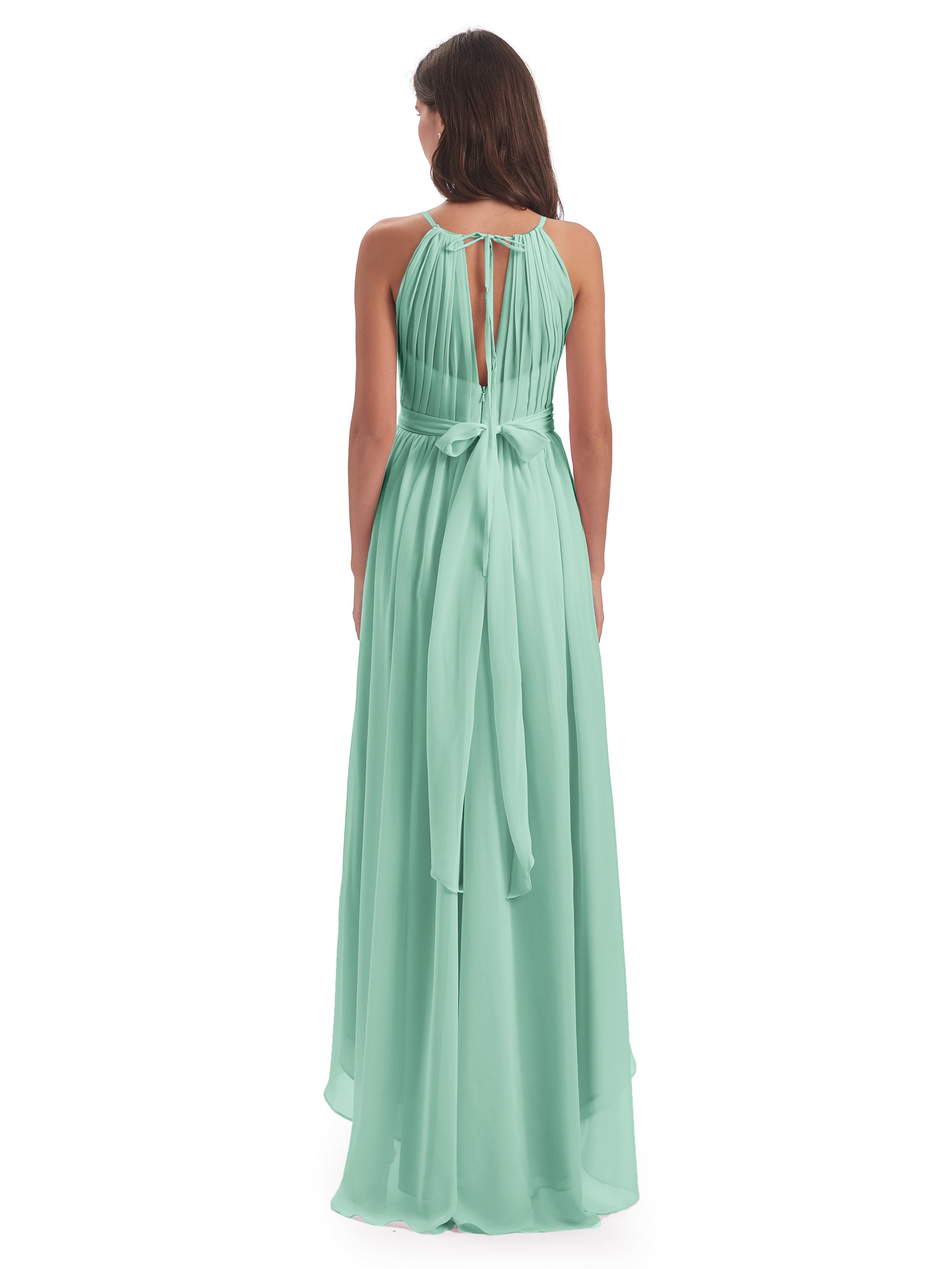Robe Demoiselle D Honneur Menthe Asymétrique Haute Basse Licou Mousseline Robes Demoiselle D'Honneur