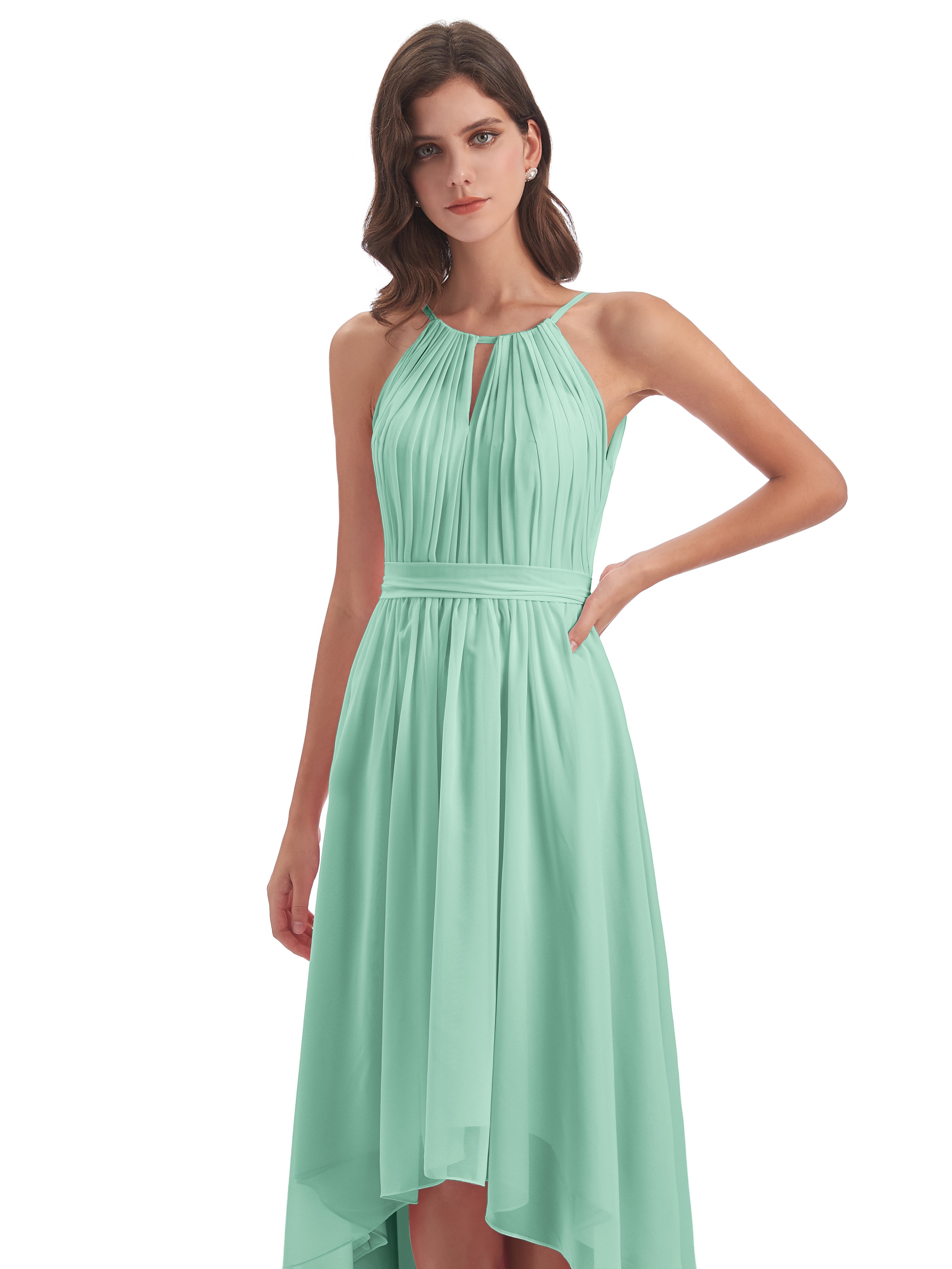 Robe Demoiselle D Honneur Menthe Asymétrique Haute Basse Licou Mousseline Robes Demoiselle D'Honneur