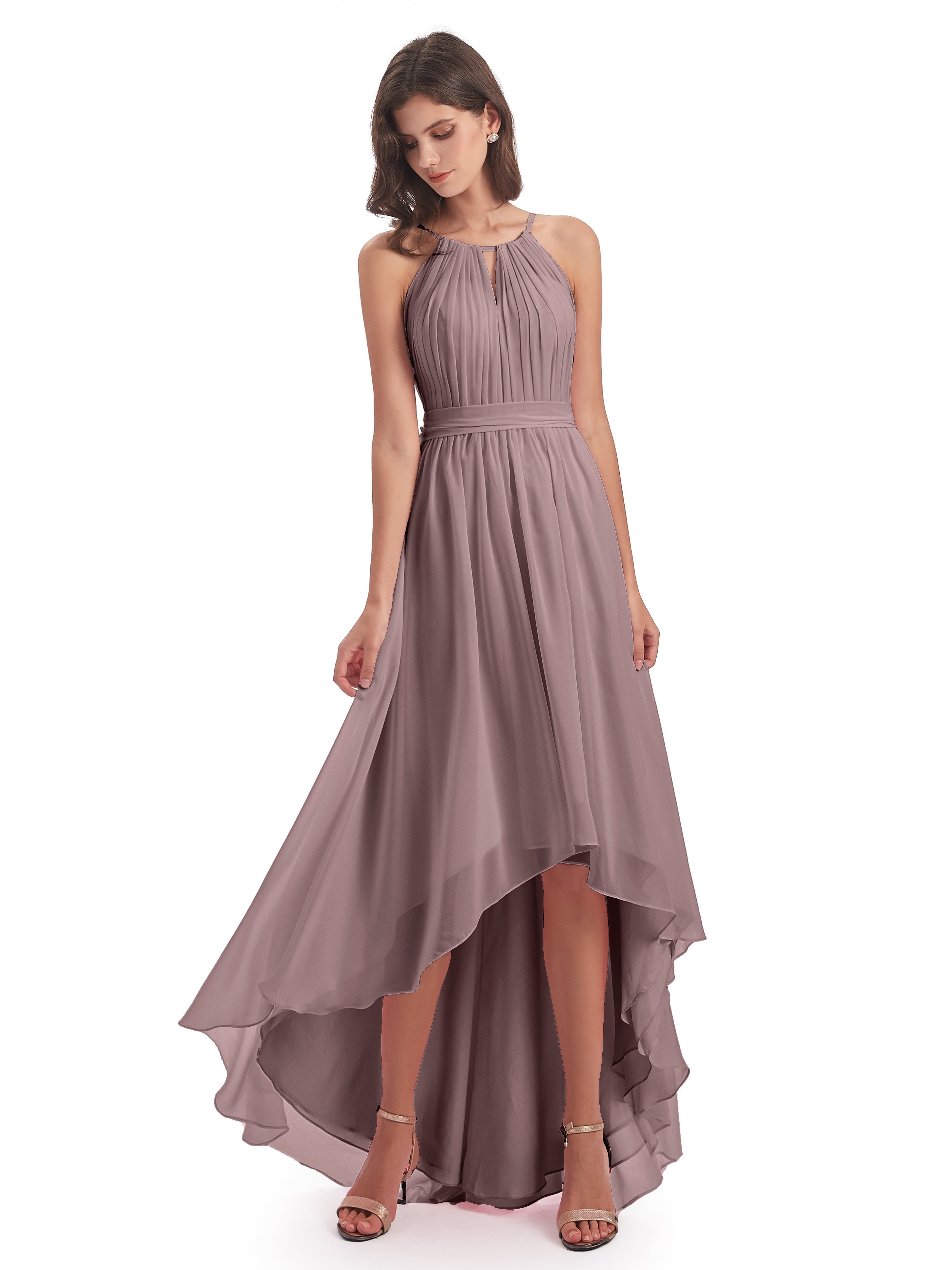 Robes De Demoiselle D'Honneur Mauve Foncé Asymétrique Haute Basse Licou Mousseline Robes Demoiselle D'Honneur