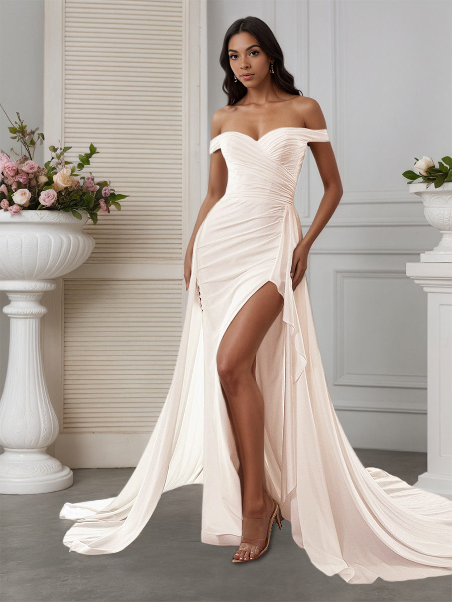 Cicinia Robe de Mariée Sirène Épaules Dénudées Décolleté Cœur à Plis Traîne Balayée