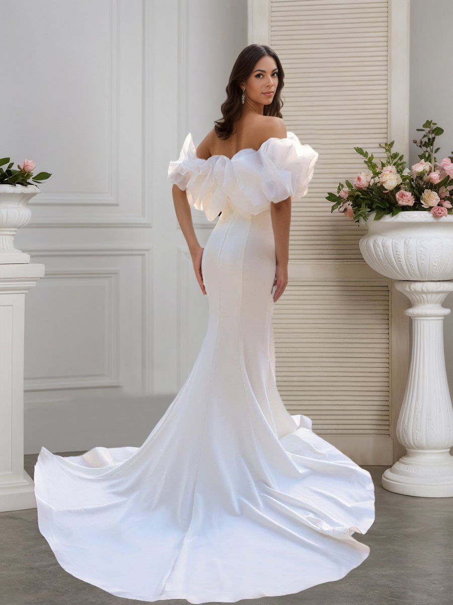 Cicinia Robe de Mariée Sirène Épaules Dénudées Col Goliath avec Traîne Balayée Luxueuse