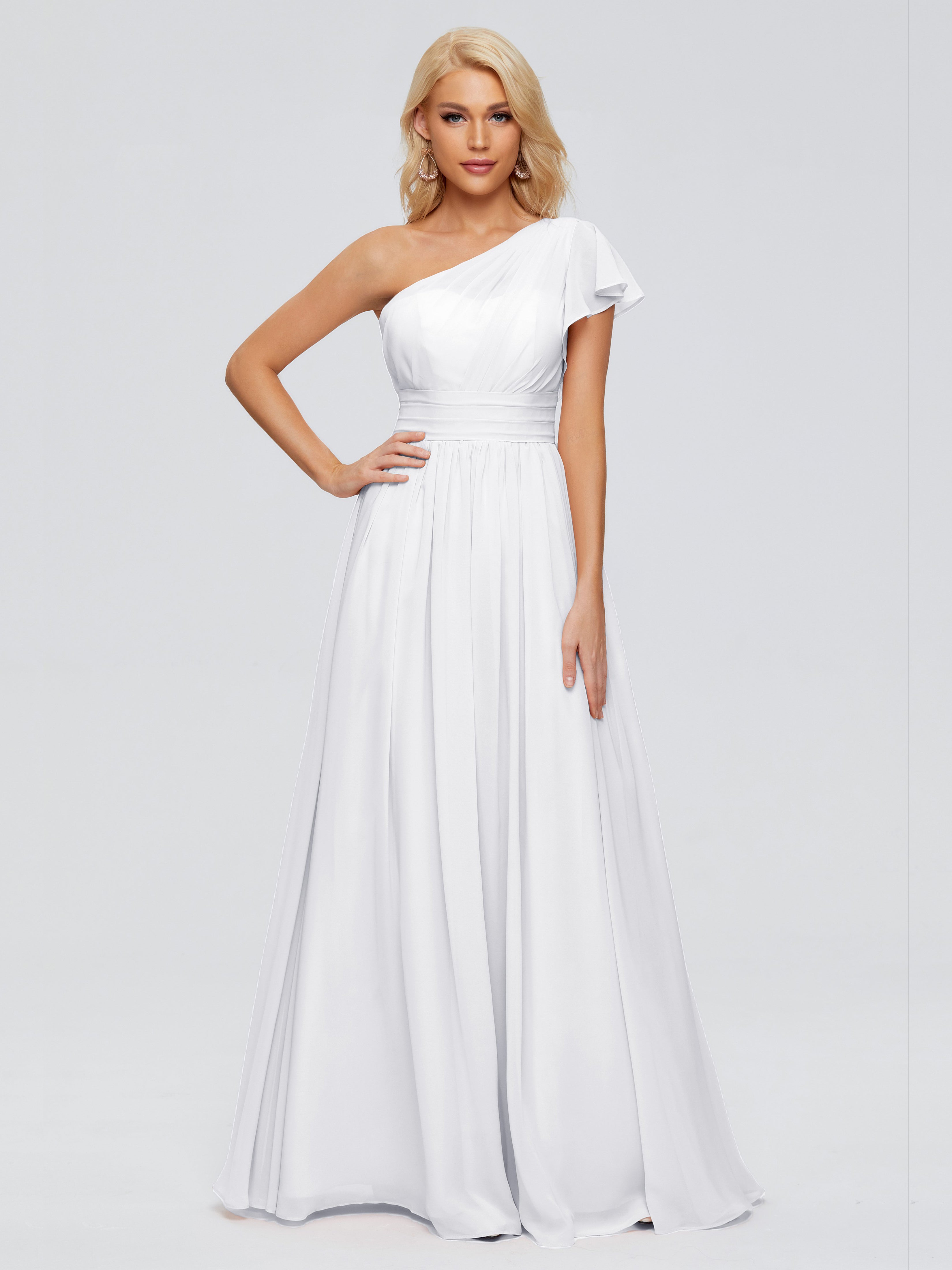 Robe Demoiselle D Honneur Blanc Trapèze Seule-Épaule Mousseline Robes Demoiselle D'Honneur