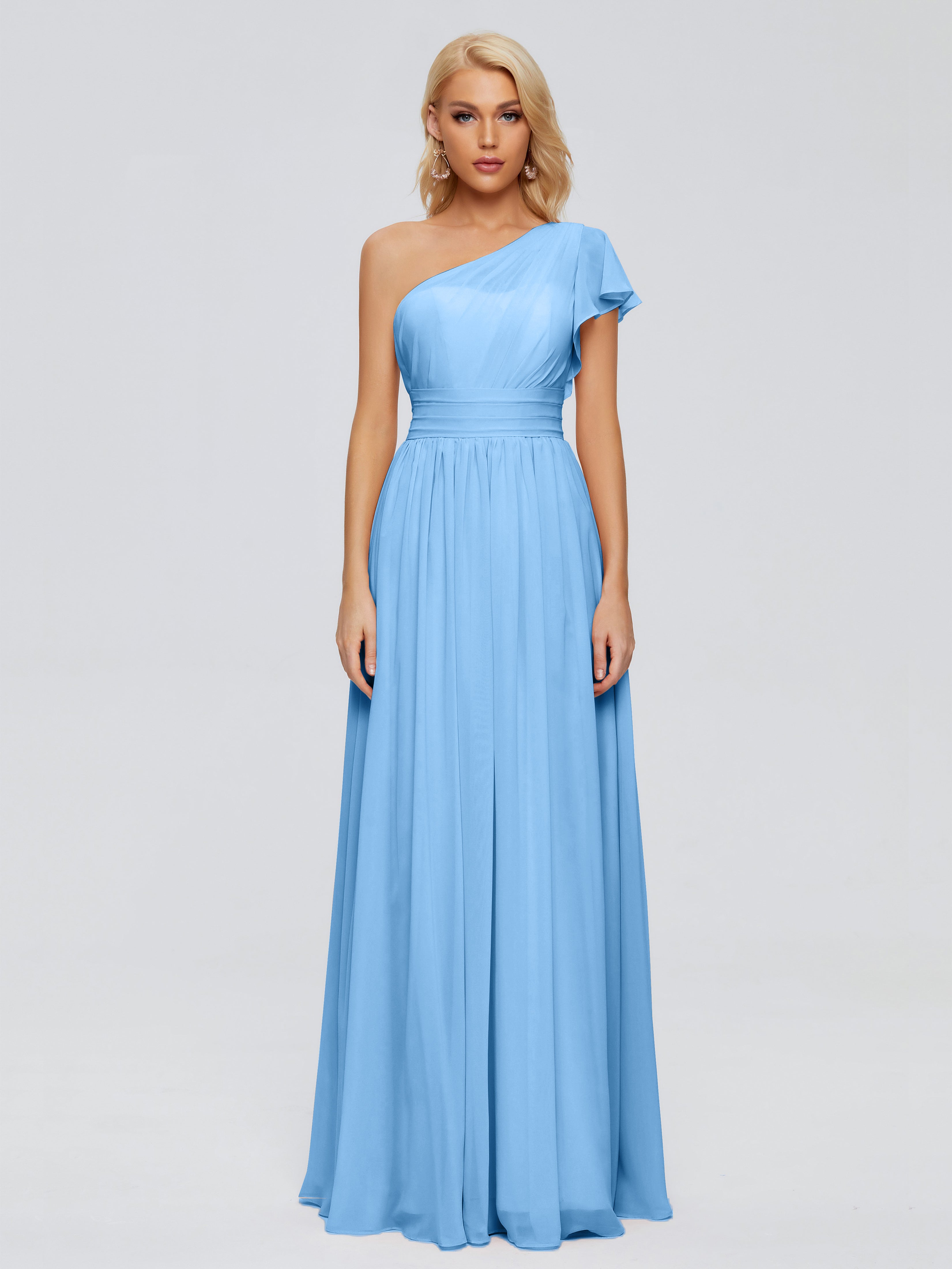 Robes De Demoiselle D'Honneur Bleu Clair Longues Trapèze Seule-Épaule Mousseline Robes Demoiselle D'Honneur