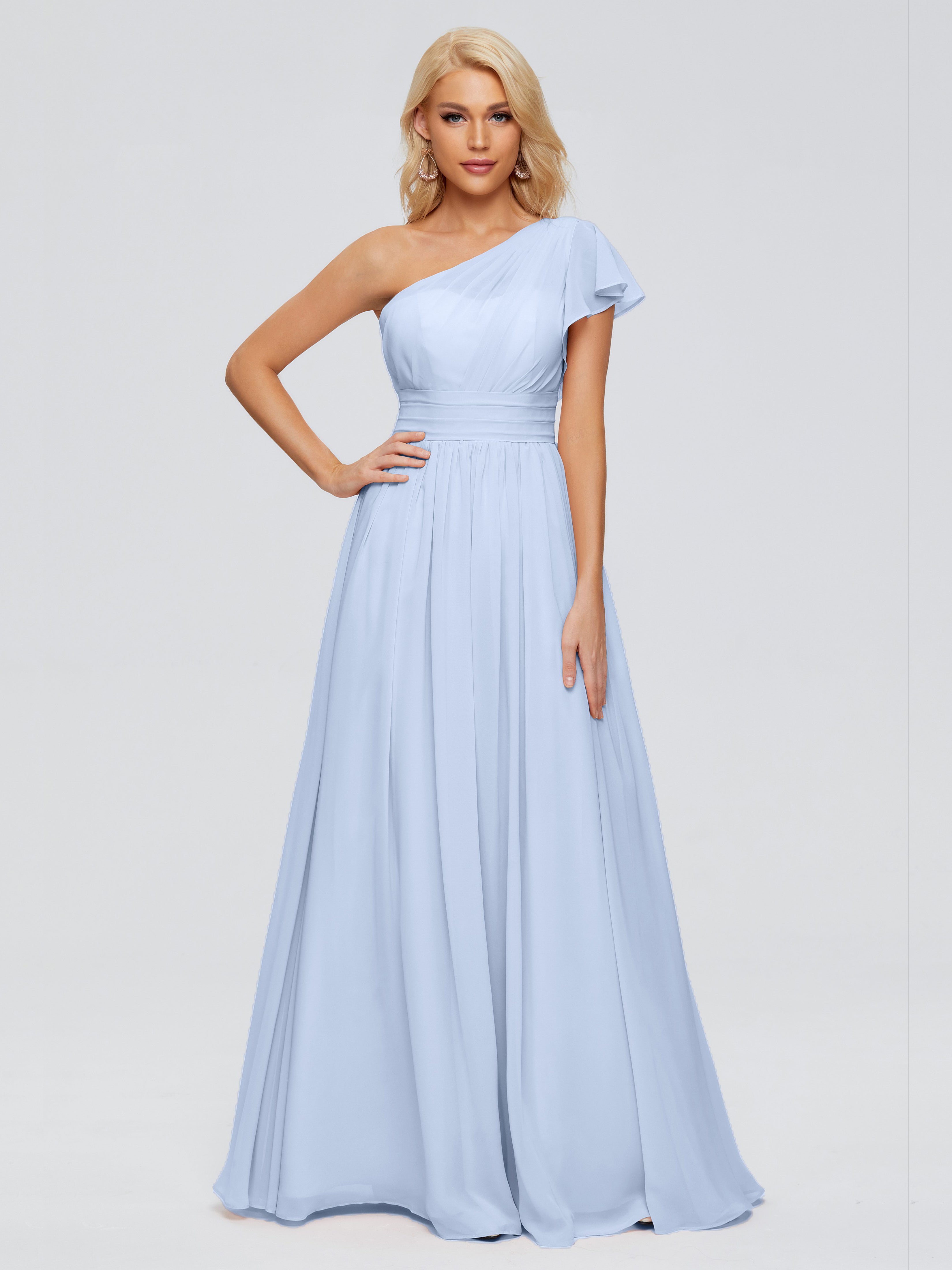 Robe De Demoiselle D Honneur Bleu Ciel Trapèze Seule-Épaule Mousseline Robes Demoiselle D'Honneur