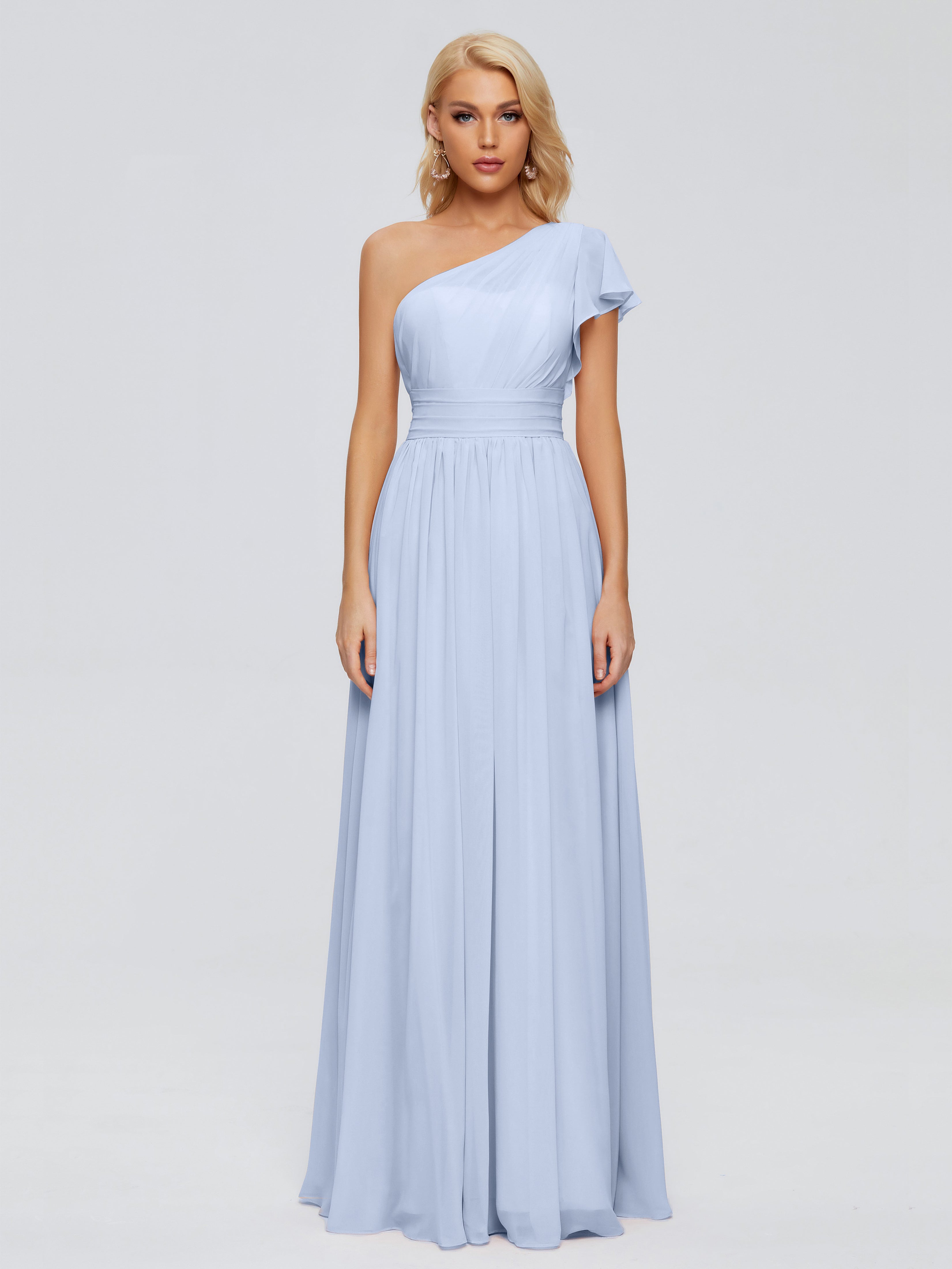 Robe De Demoiselle D Honneur Bleu Ciel Trapèze Seule-Épaule Mousseline Robes Demoiselle D'Honneur