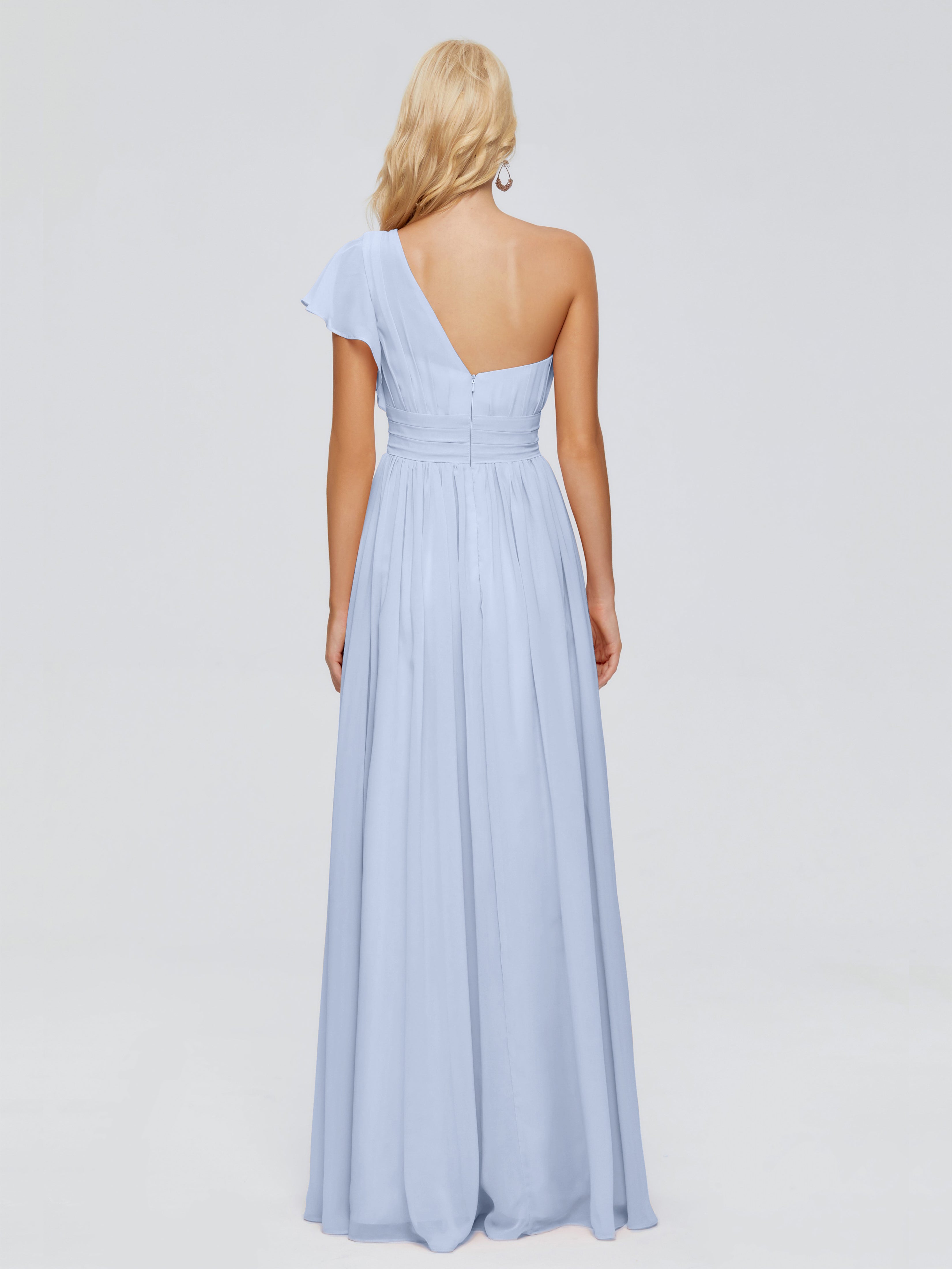 Robe De Demoiselle D Honneur Bleu Ciel Trapèze Seule-Épaule Mousseline Robes Demoiselle D'Honneur