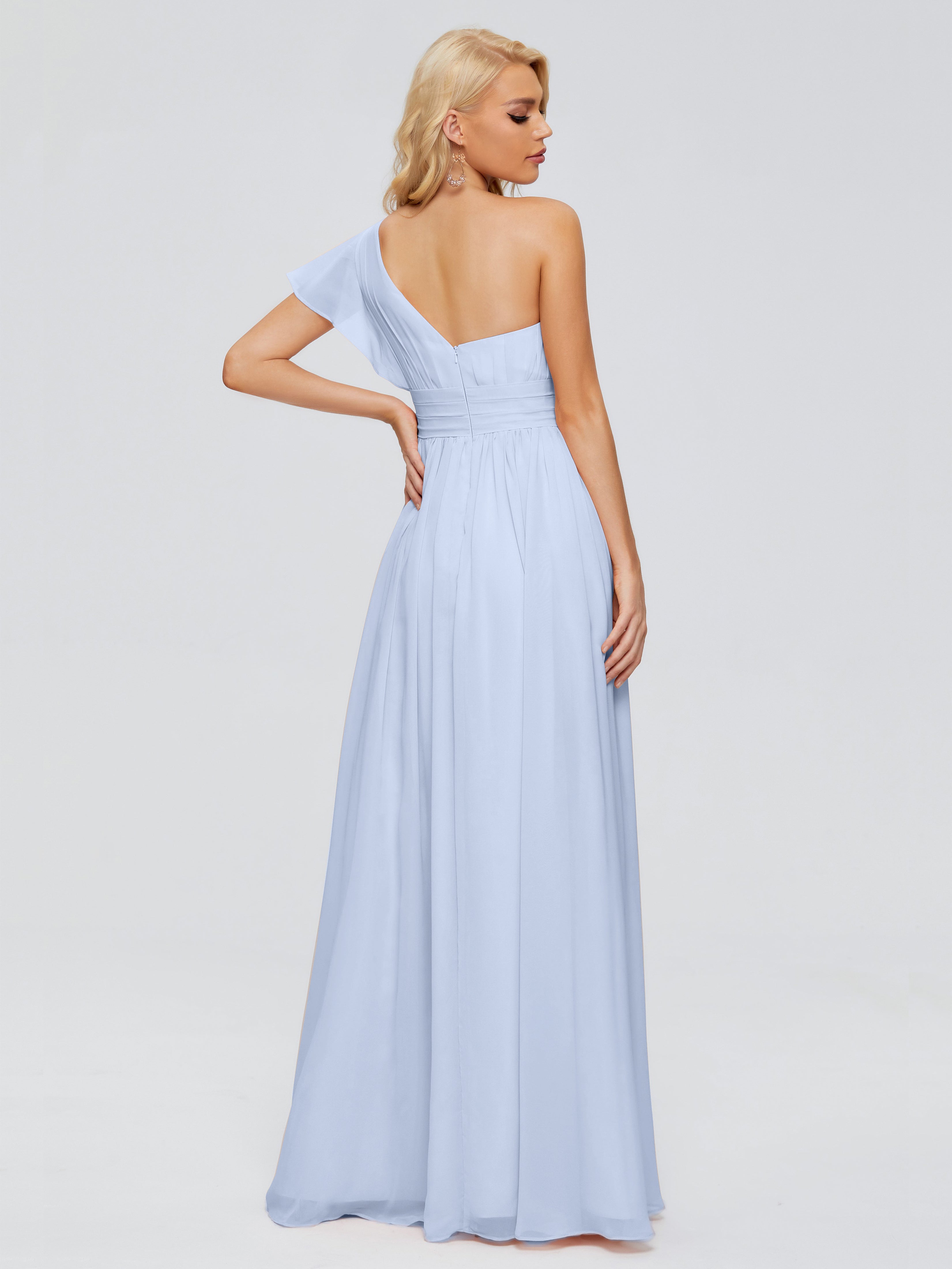 Robe De Demoiselle D Honneur Bleu Ciel Trapèze Seule-Épaule Mousseline Robes Demoiselle D'Honneur