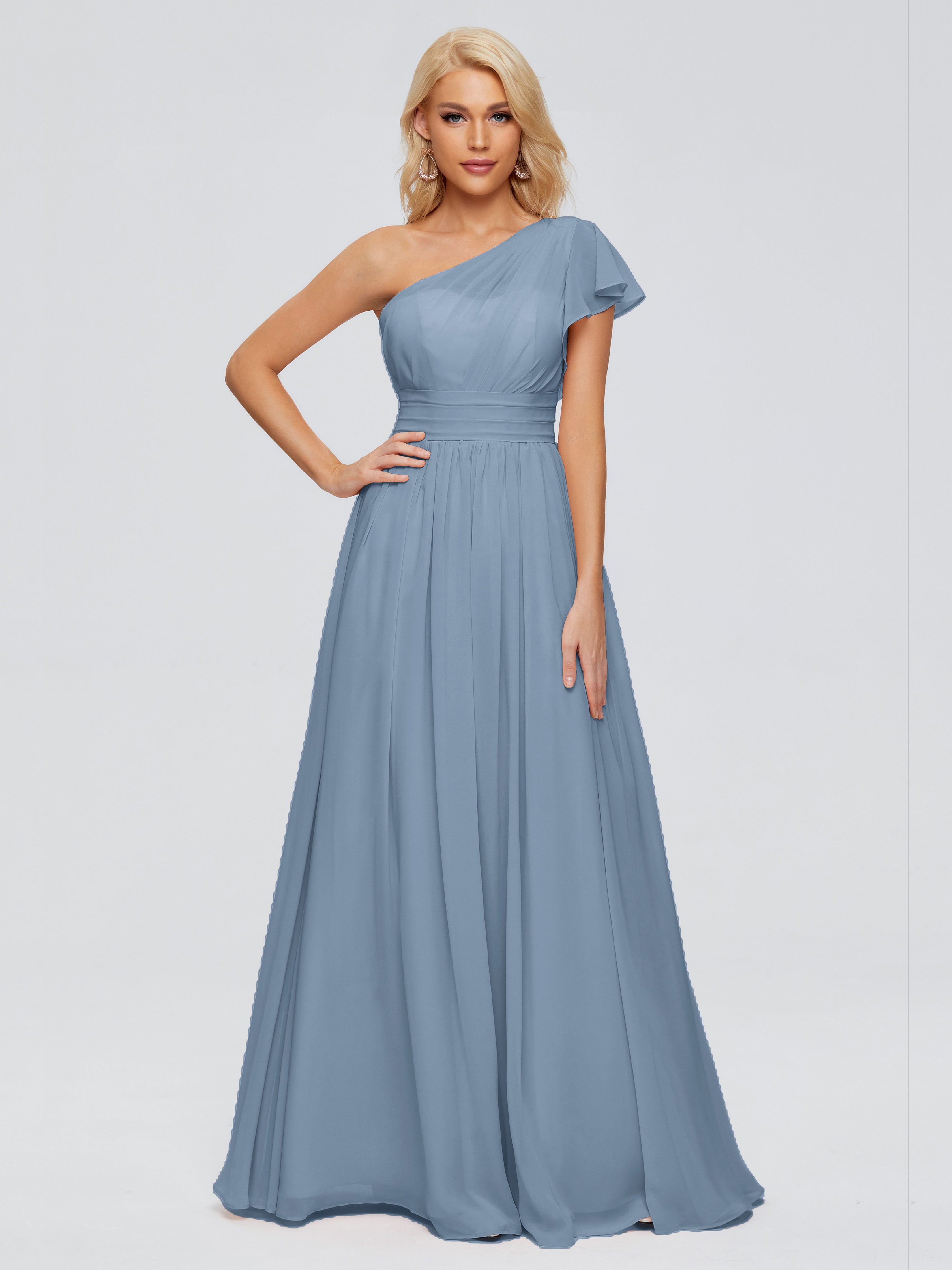 Robes De Demoiselle D'Honneur Bleu De Schiste Trapèze Seule-Épaule Mousseline Robes Demoiselle D'Honneur