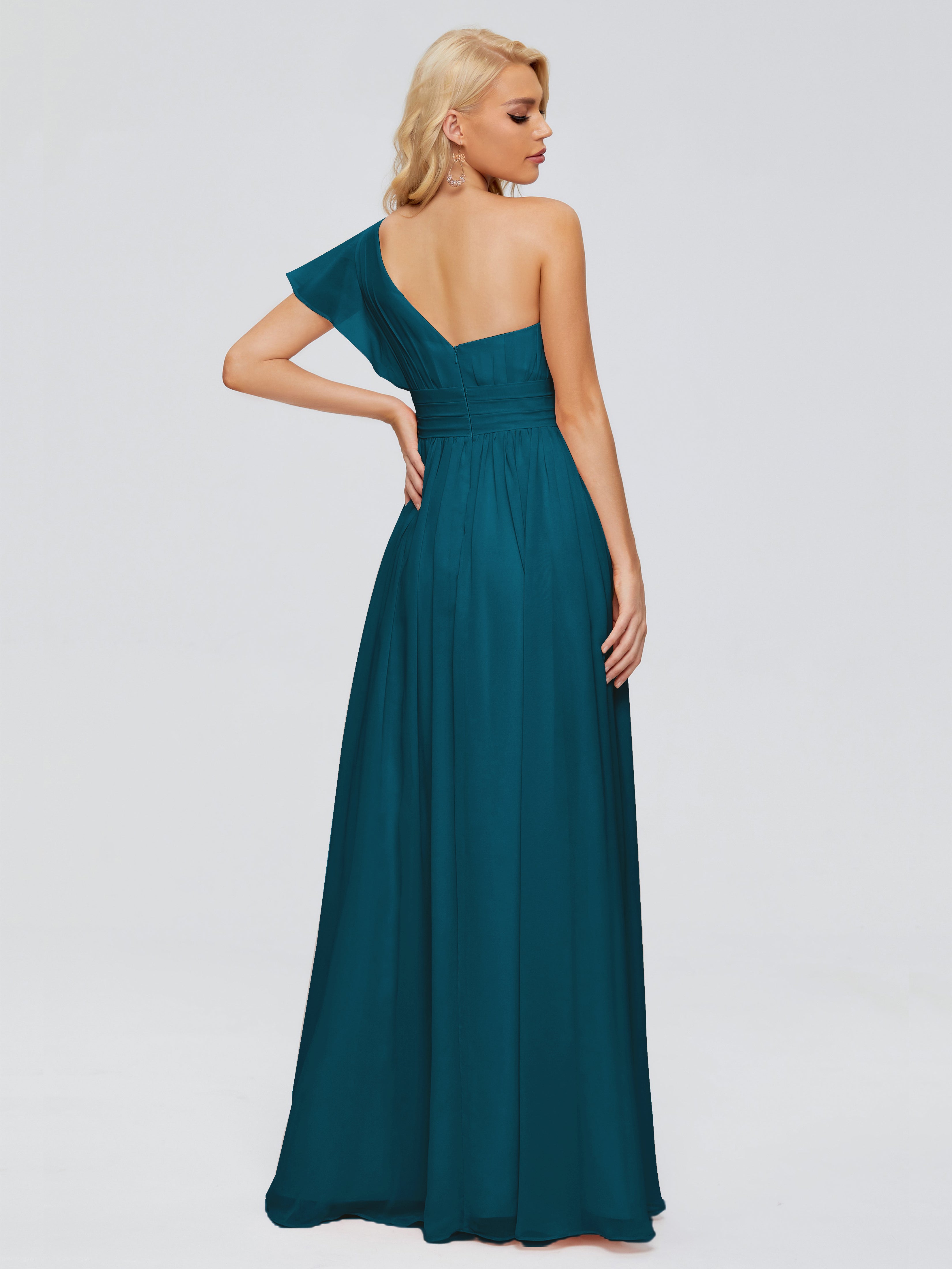 Robe De Demoiselle D'Honneur Bleu Encre Trapèze Seule-Épaule Mousseline Robes Demoiselle D'Honneur