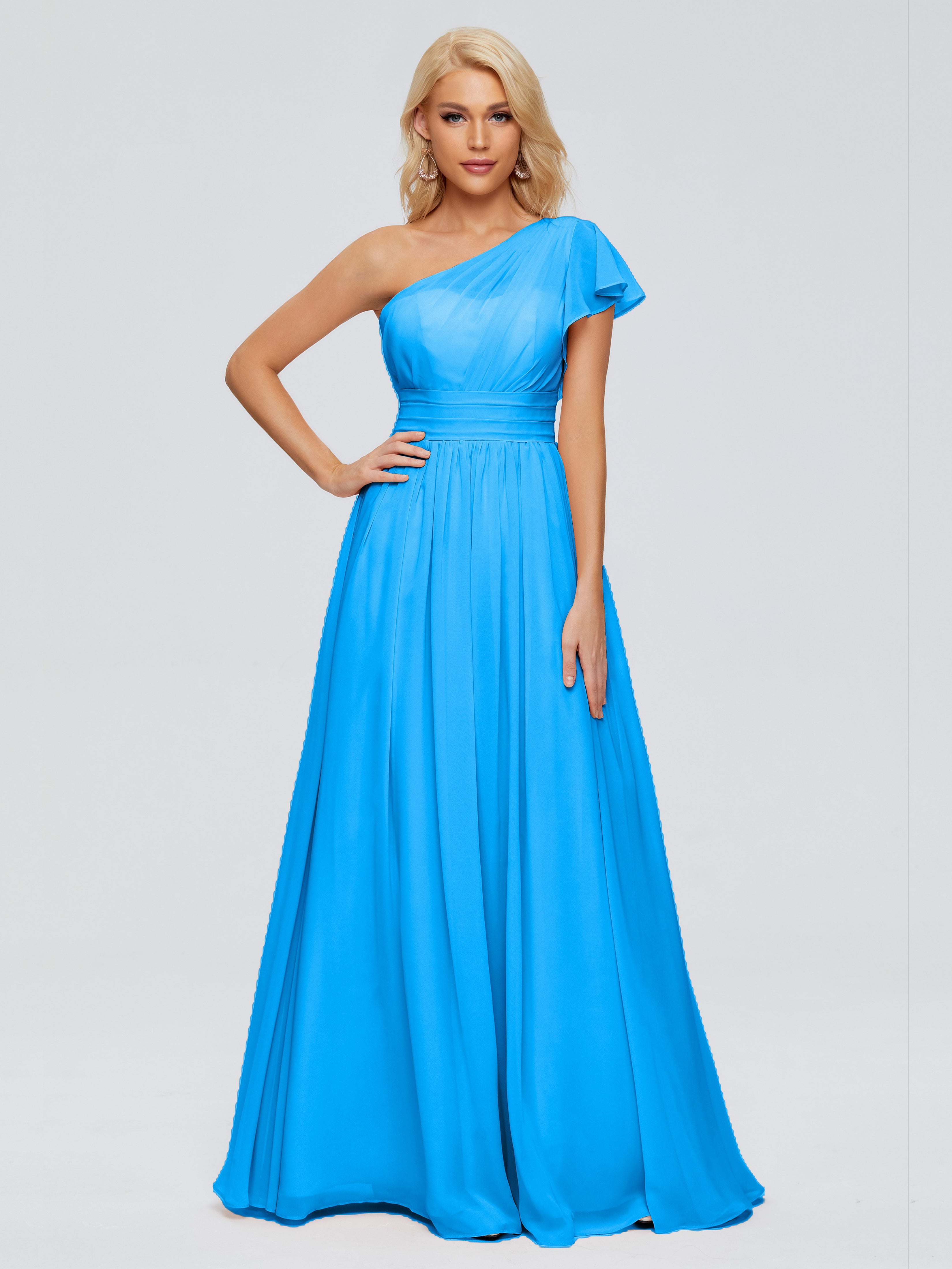 Robes De Demoiselle D'Honneur Bleu Océan Trapèze Seule-Épaule Mousseline Robes Demoiselle D'Honneur