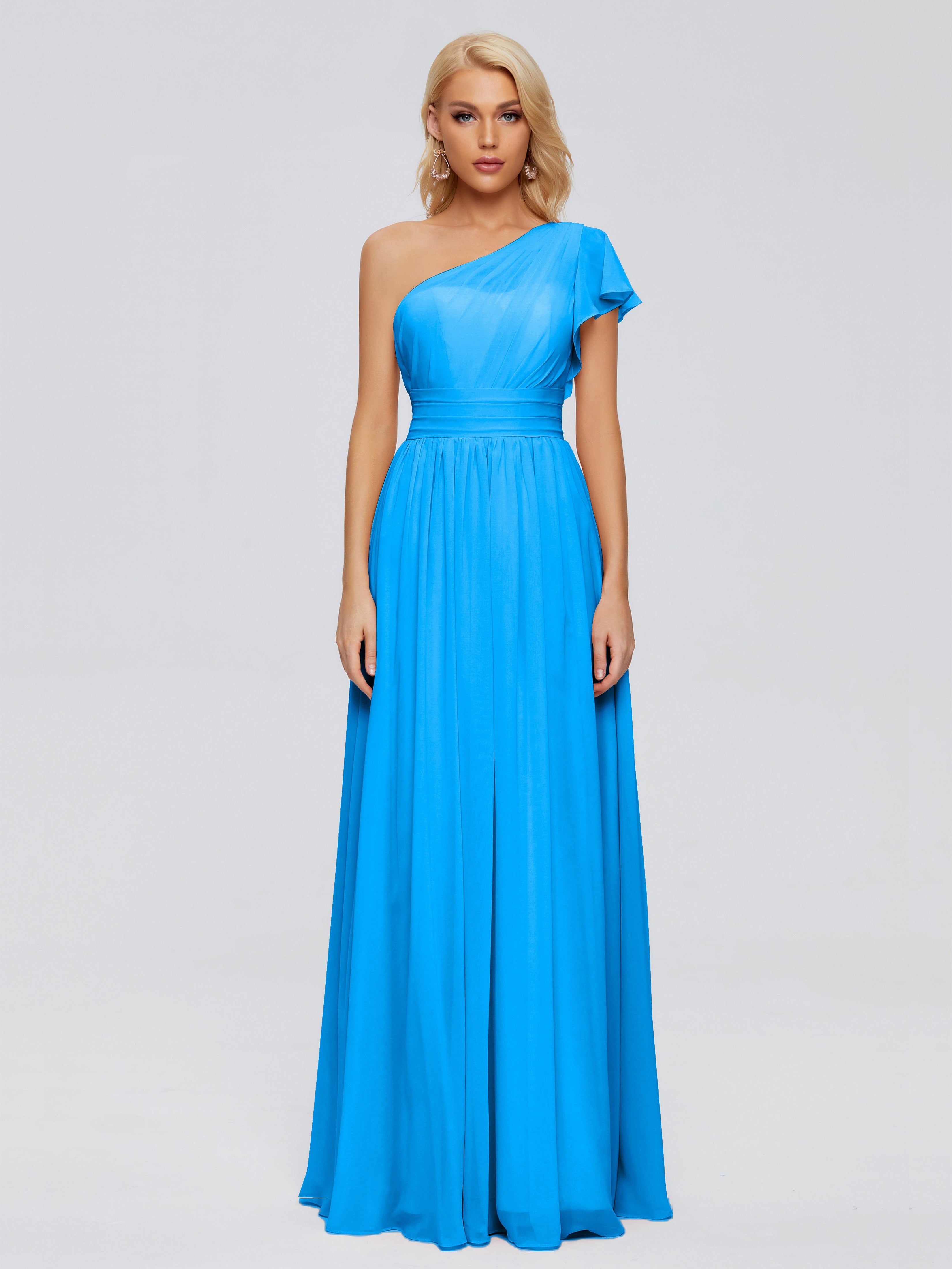 Robes De Demoiselle D'Honneur Bleu Océan Trapèze Seule-Épaule Mousseline Robes Demoiselle D'Honneur