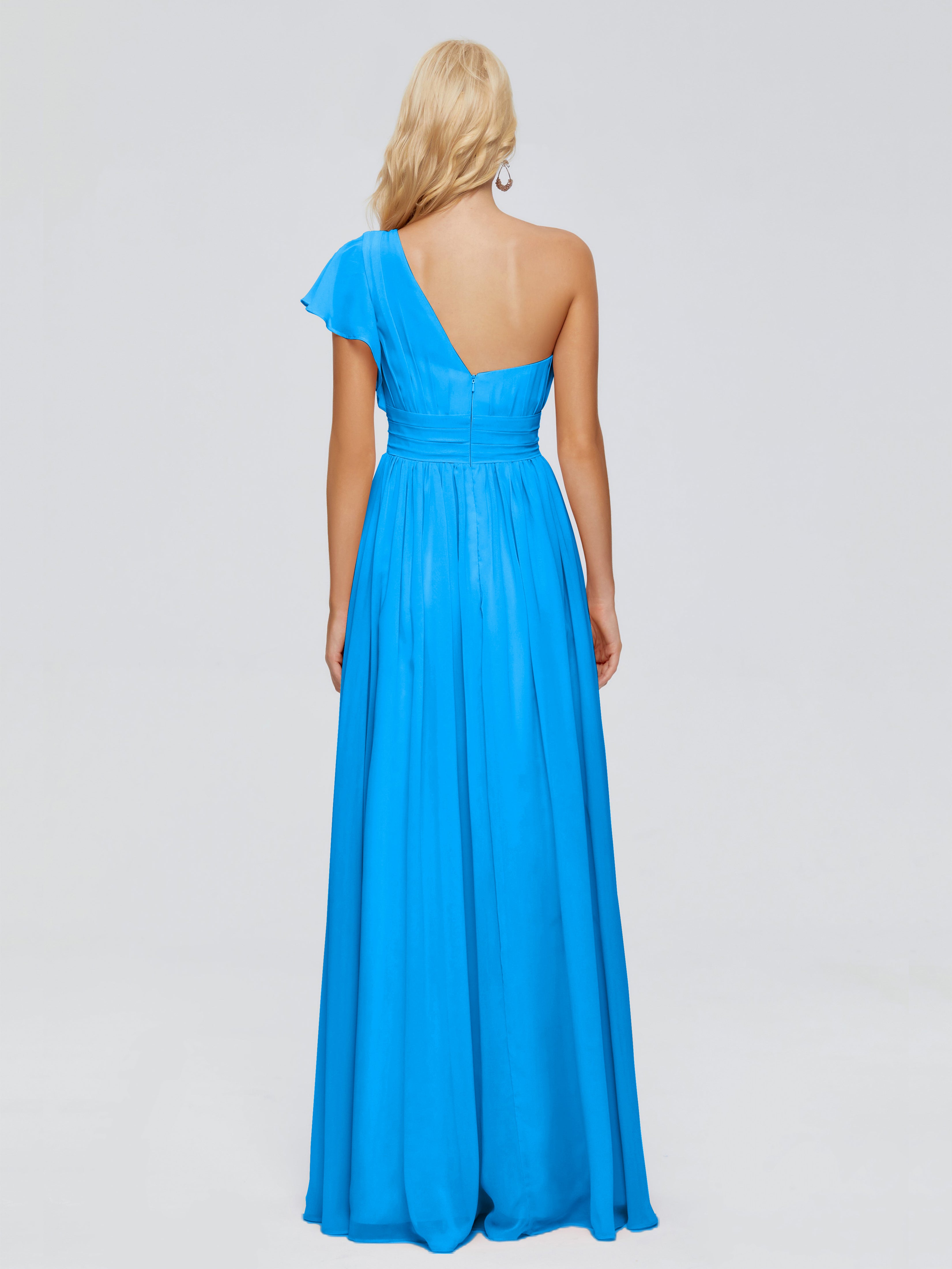 Robes De Demoiselle D'Honneur Bleu Océan Trapèze Seule-Épaule Mousseline Robes Demoiselle D'Honneur