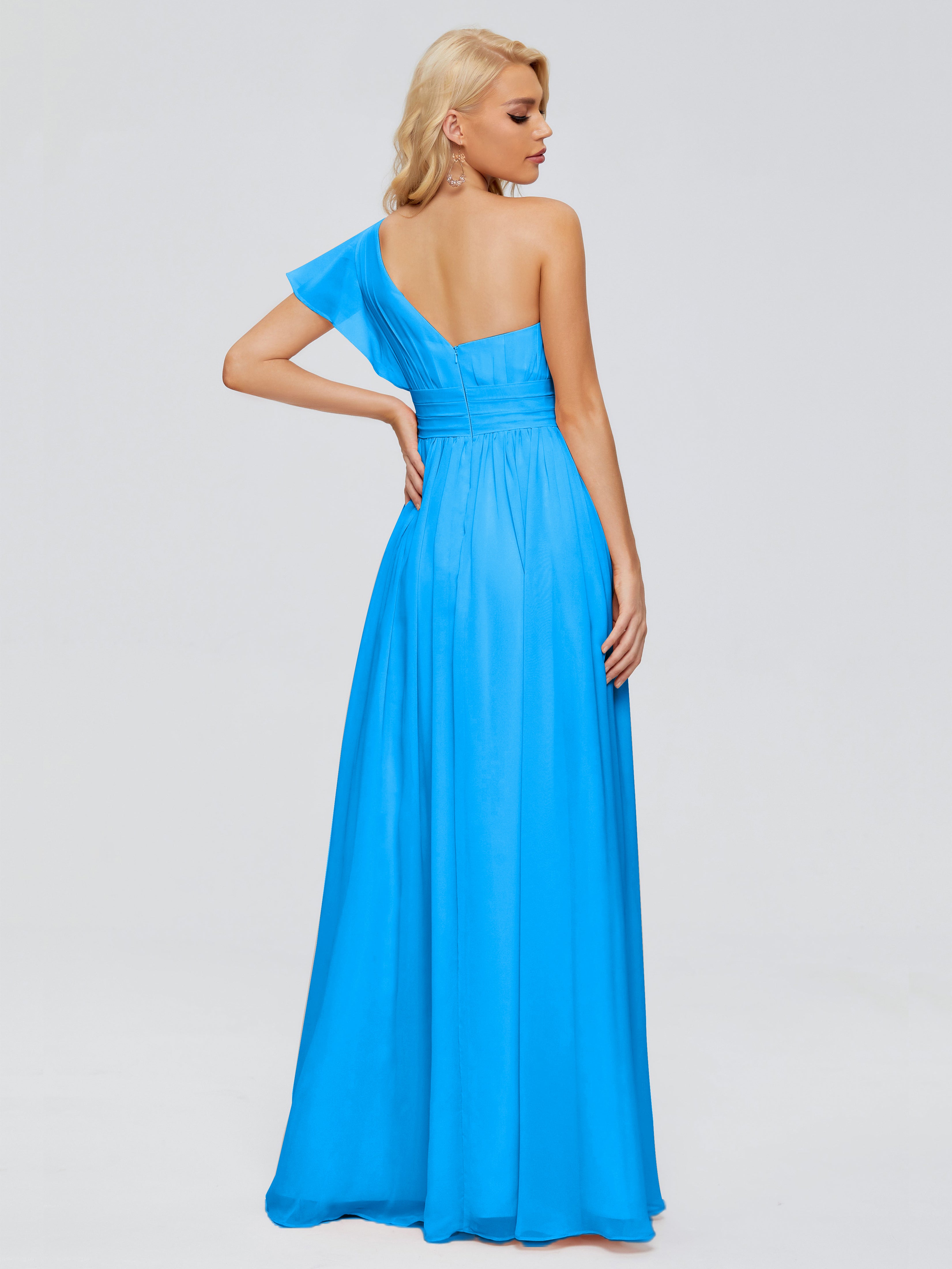 Robes De Demoiselle D'Honneur Bleu Océan Trapèze Seule-Épaule Mousseline Robes Demoiselle D'Honneur