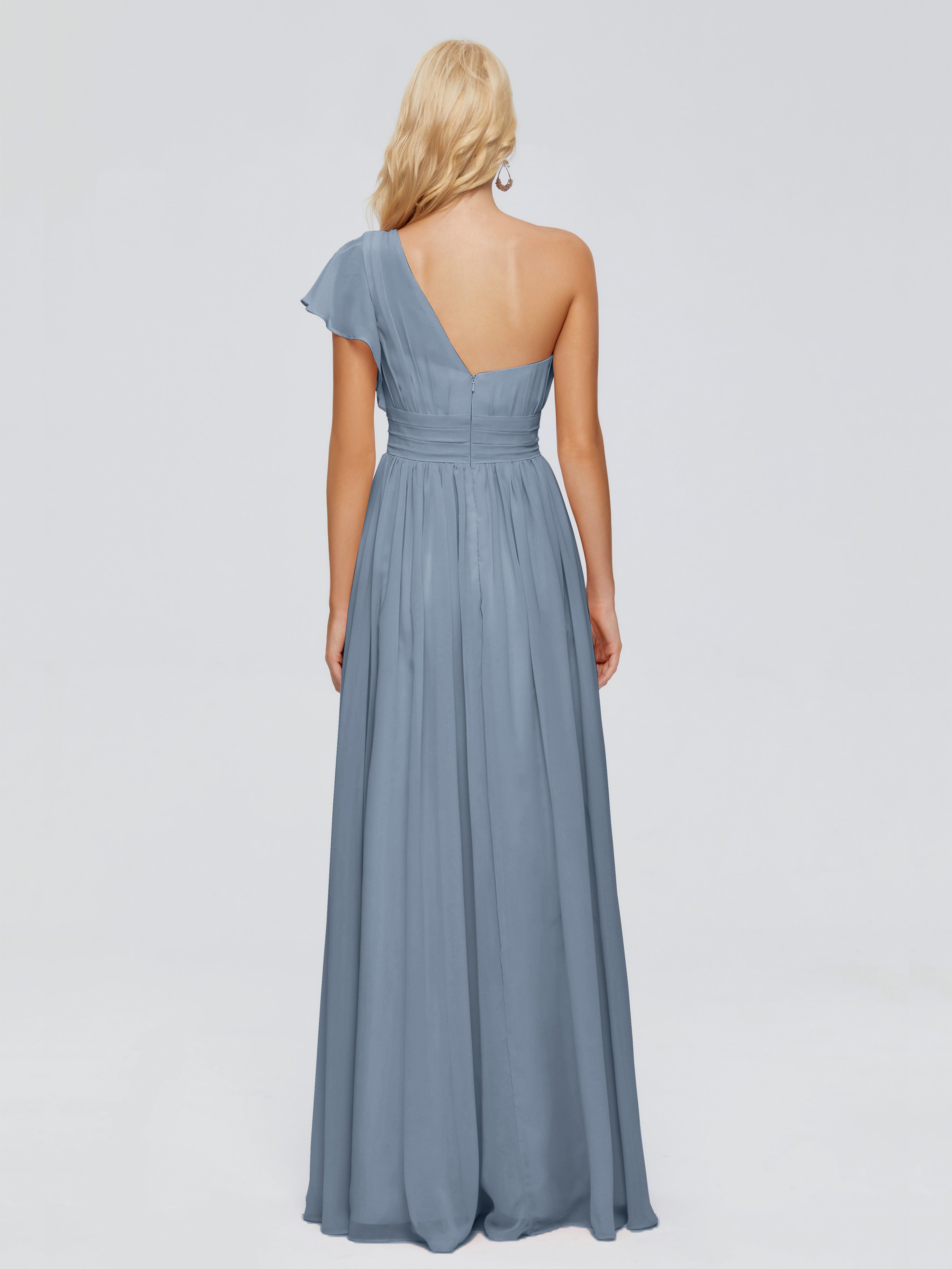 Robes De Demoiselle D'Honneur Bleu Poudre Trapèze Seule-Épaule Mousseline Robes Demoiselle D'Honneur