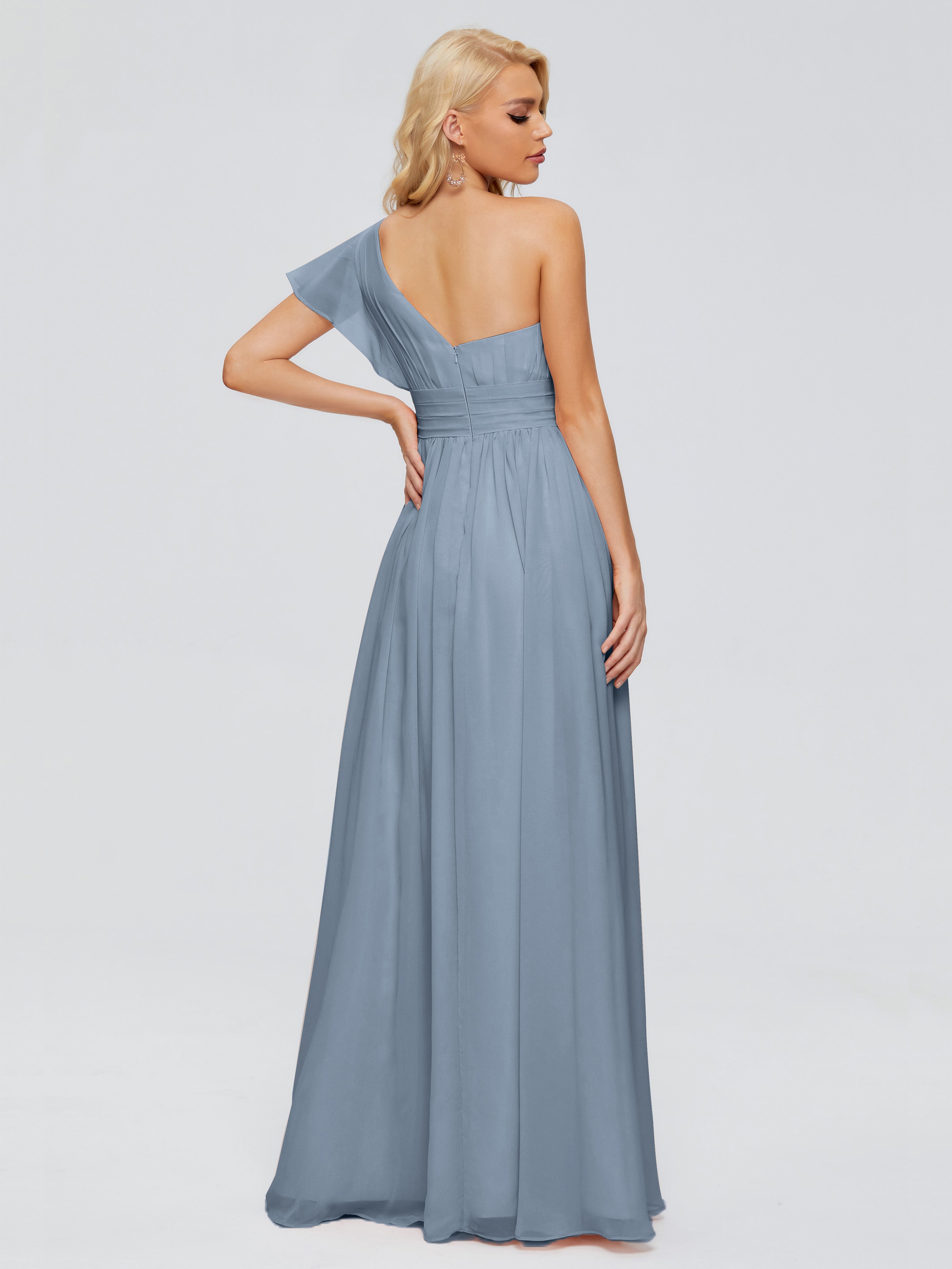 Robes De Demoiselle D'Honneur Bleu Poudre Trapèze Seule-Épaule Mousseline Robes Demoiselle D'Honneur