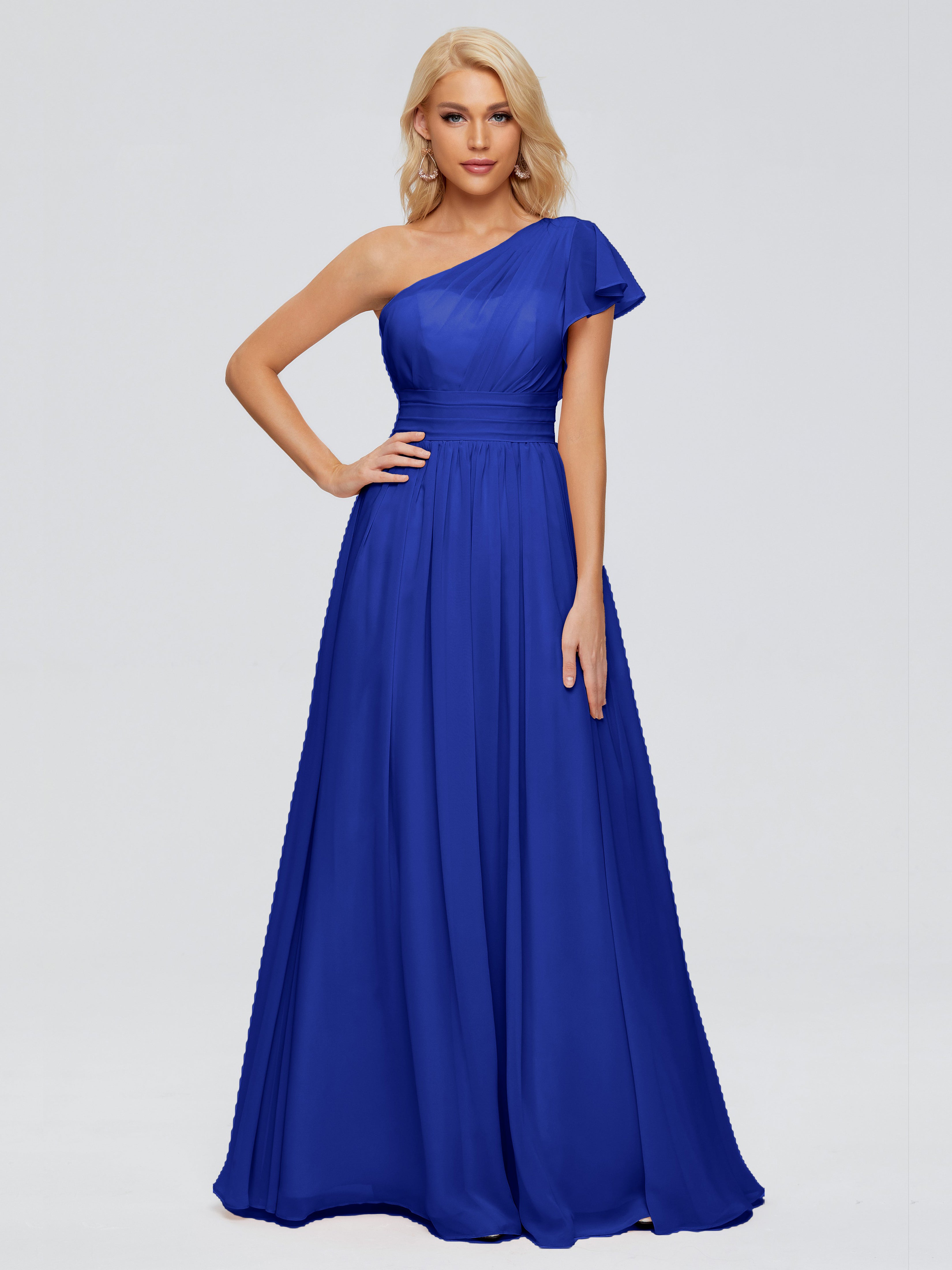 Robe Demoiselle D Honneur Bleu Royal Trapèze Seule-Épaule Mousseline Robes Demoiselle D'Honneur
