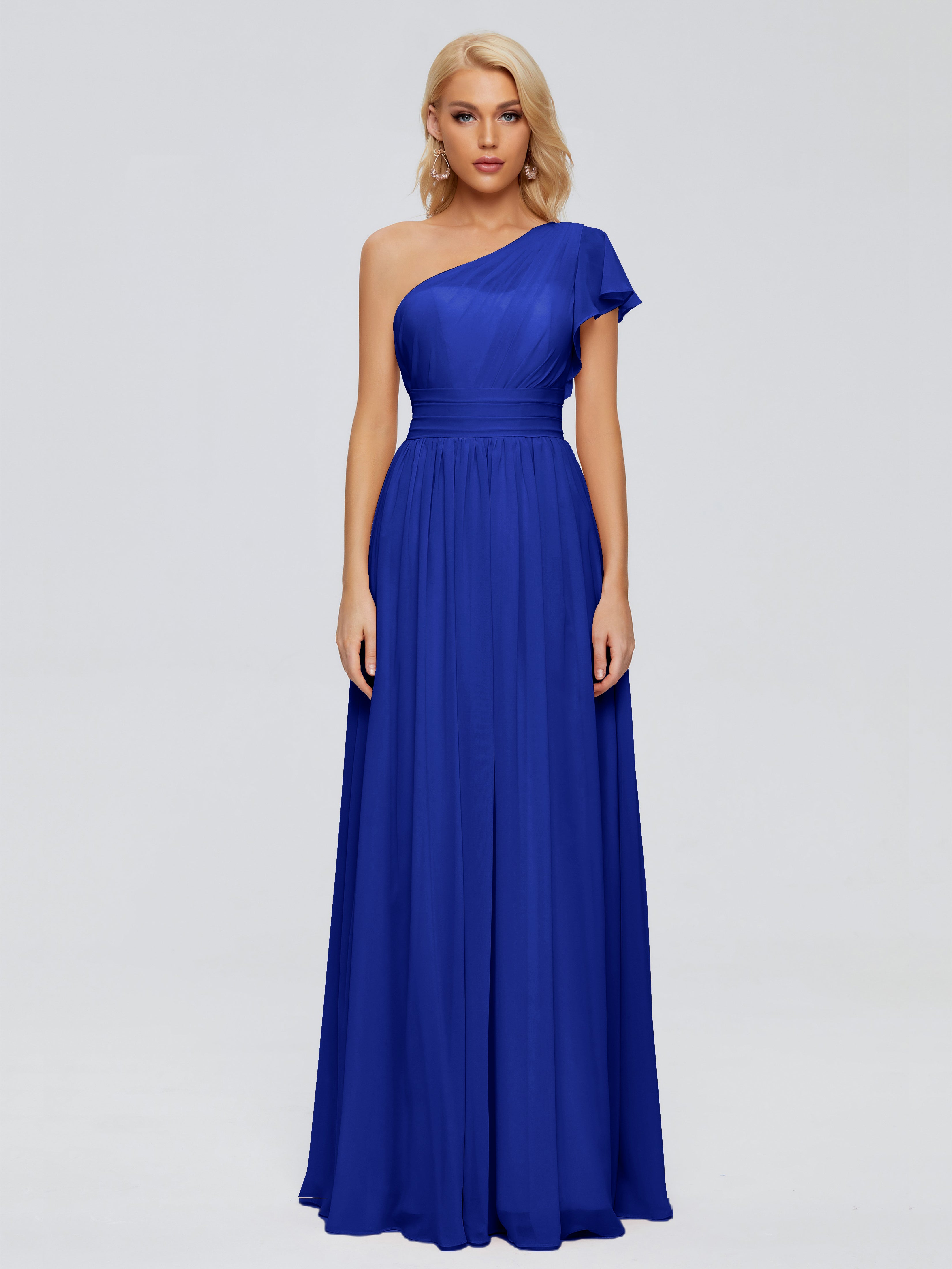Robe Demoiselle D Honneur Bleu Royal Trapèze Seule-Épaule Mousseline Robes Demoiselle D'Honneur