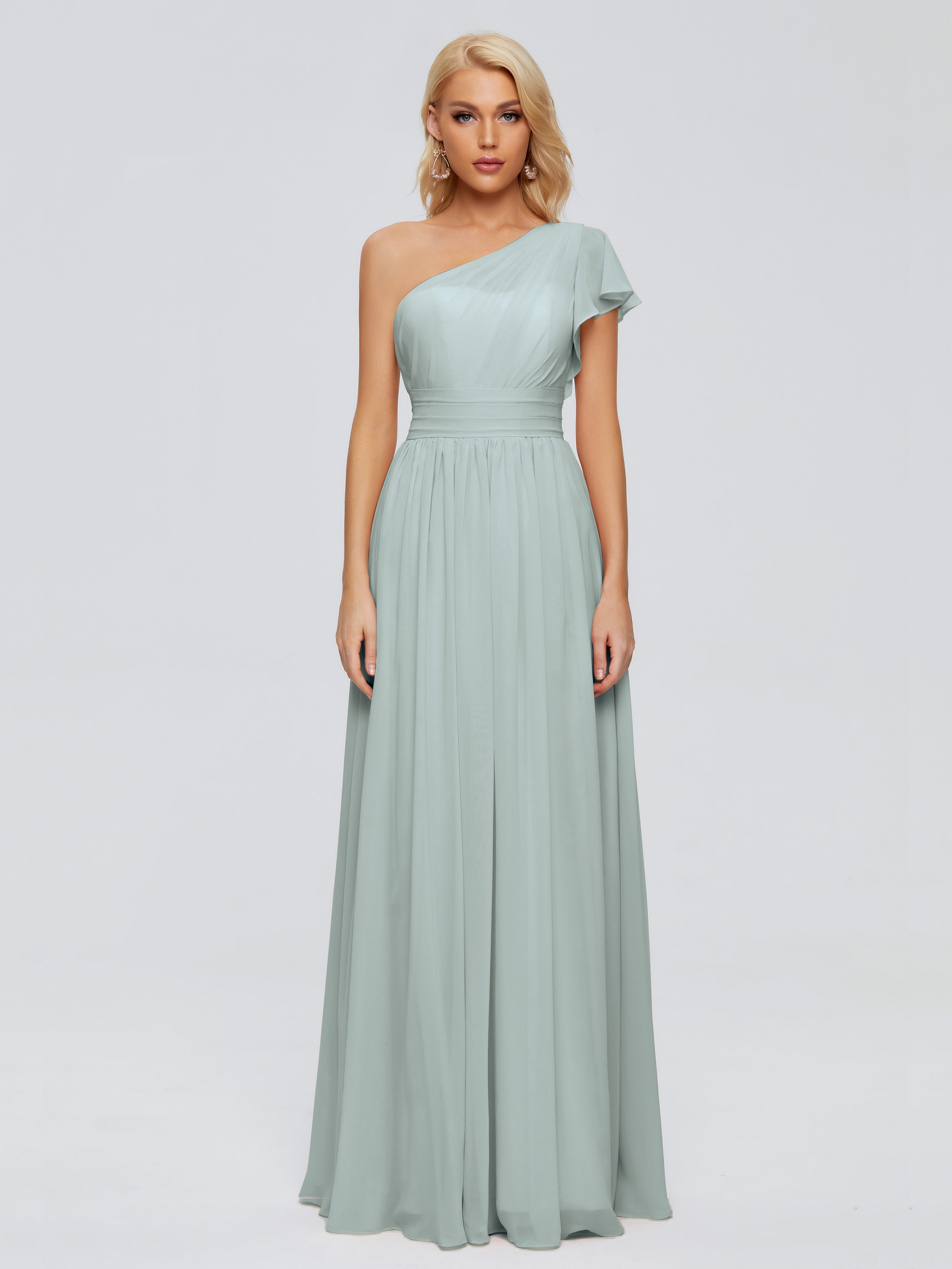 Robe Demoiselle D Honneur Vert Celadon Trapèze Seule-Épaule Mousseline Robes Demoiselle D'Honneur