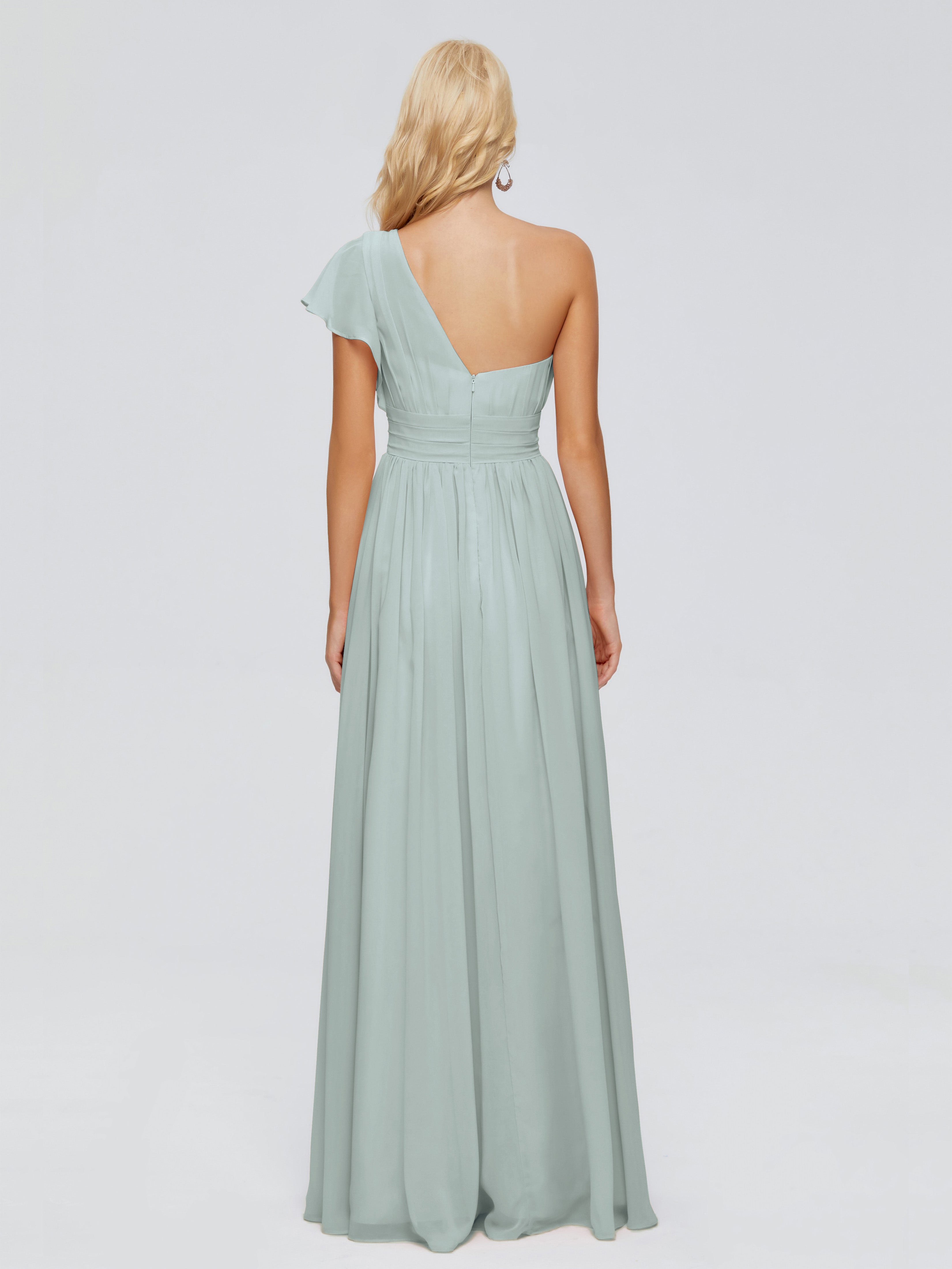 Robe Demoiselle D Honneur Vert Celadon Trapèze Seule-Épaule Mousseline Robes Demoiselle D'Honneur