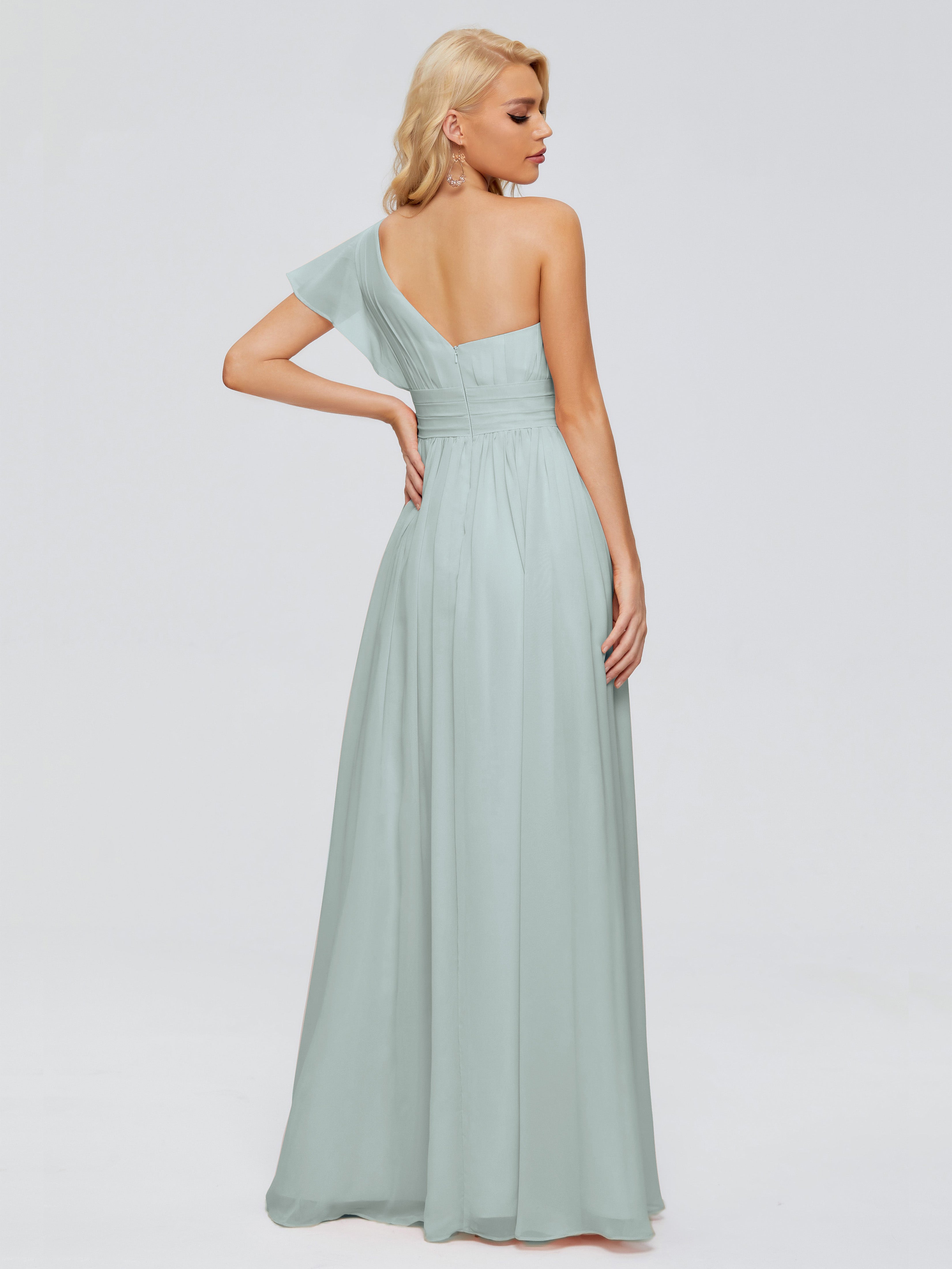 Robe Demoiselle D Honneur Vert Celadon Trapèze Seule-Épaule Mousseline Robes Demoiselle D'Honneur