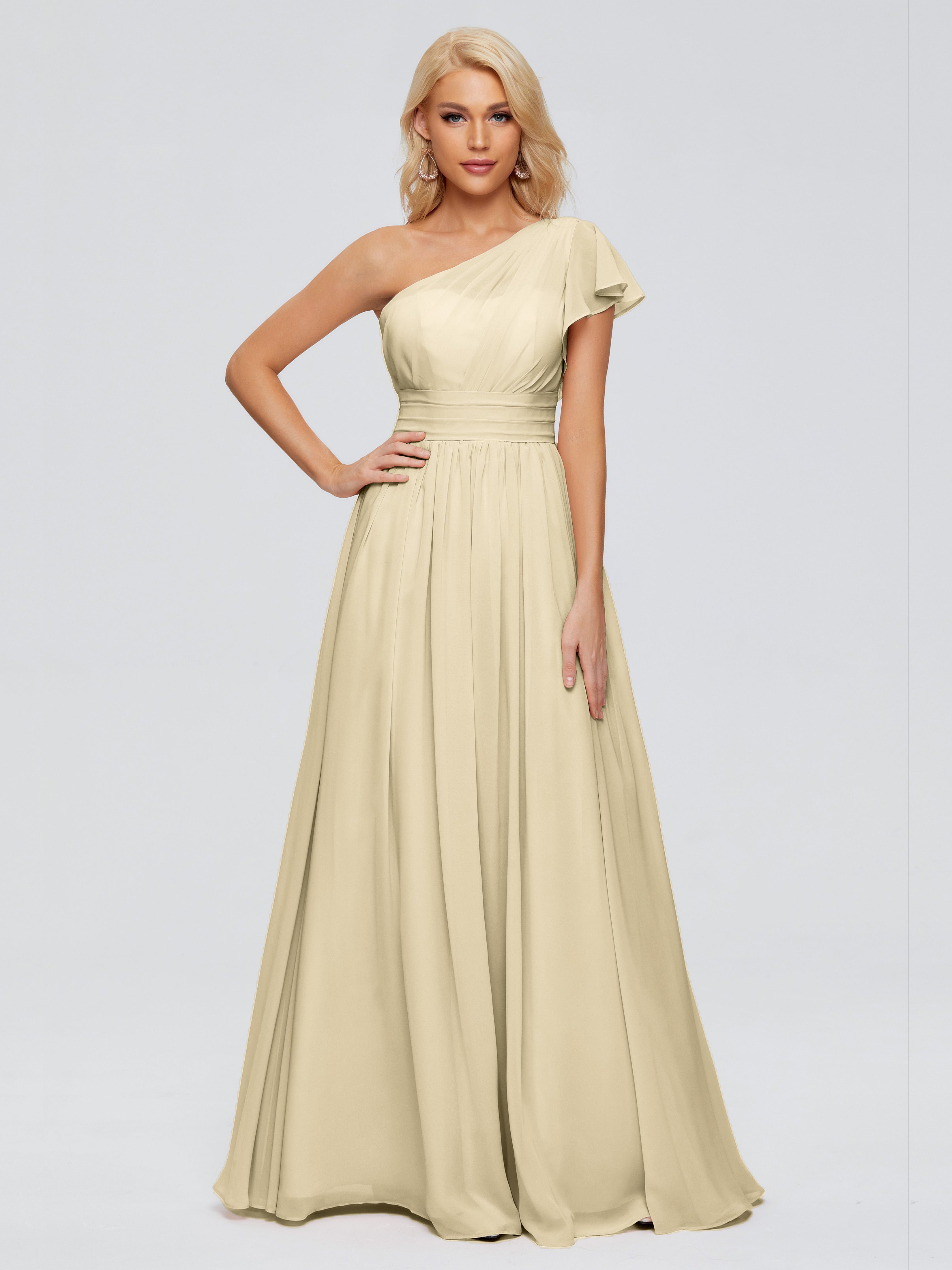 Robe Demoiselle D Honneur Champagne Trapèze Seule-Épaule Mousseline Robes Demoiselle D'Honneur