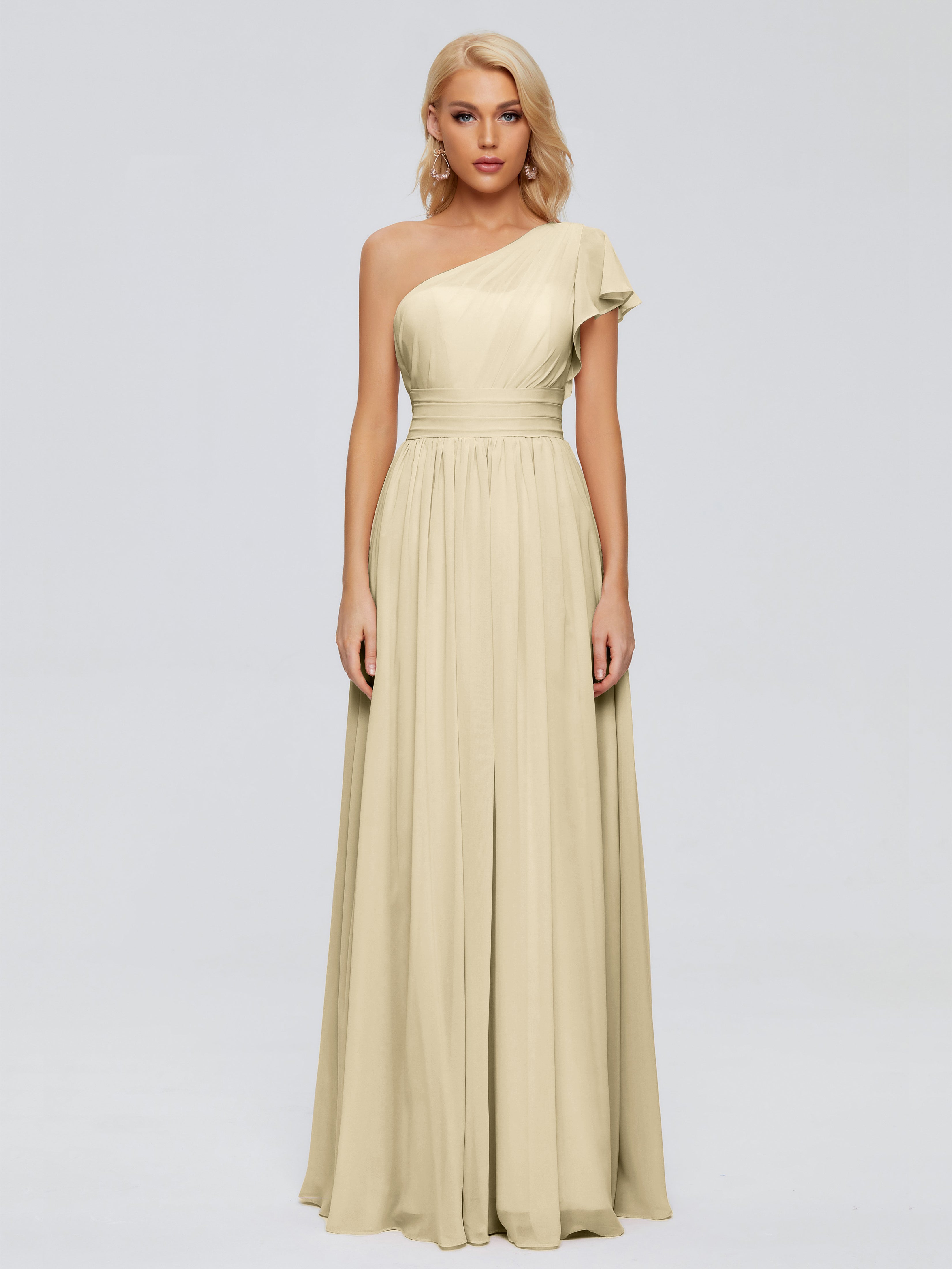 Robe Demoiselle D Honneur Champagne Trapèze Seule-Épaule Mousseline Robes Demoiselle D'Honneur