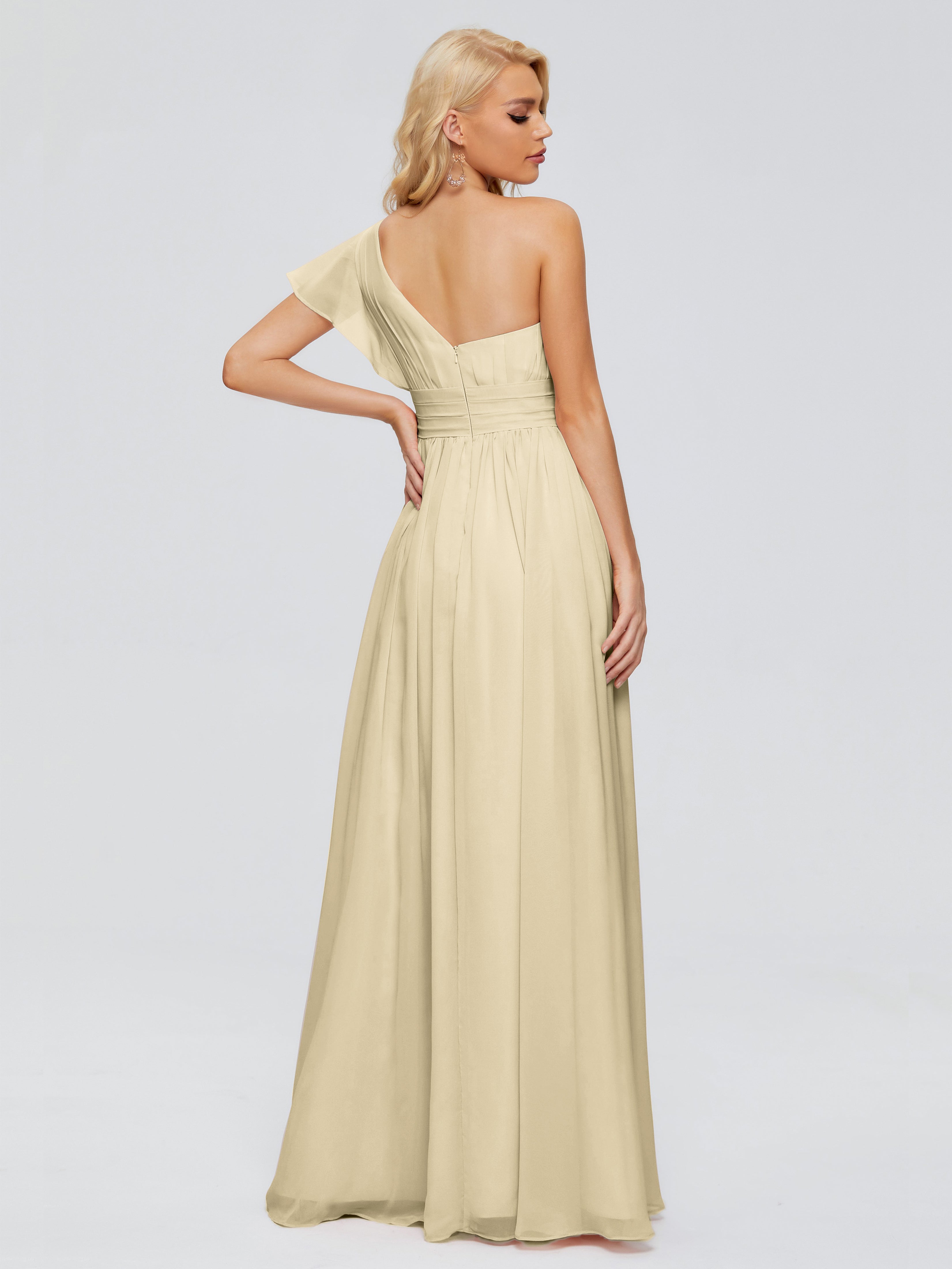 Robe Demoiselle D Honneur Champagne Trapèze Seule-Épaule Mousseline Robes Demoiselle D'Honneur