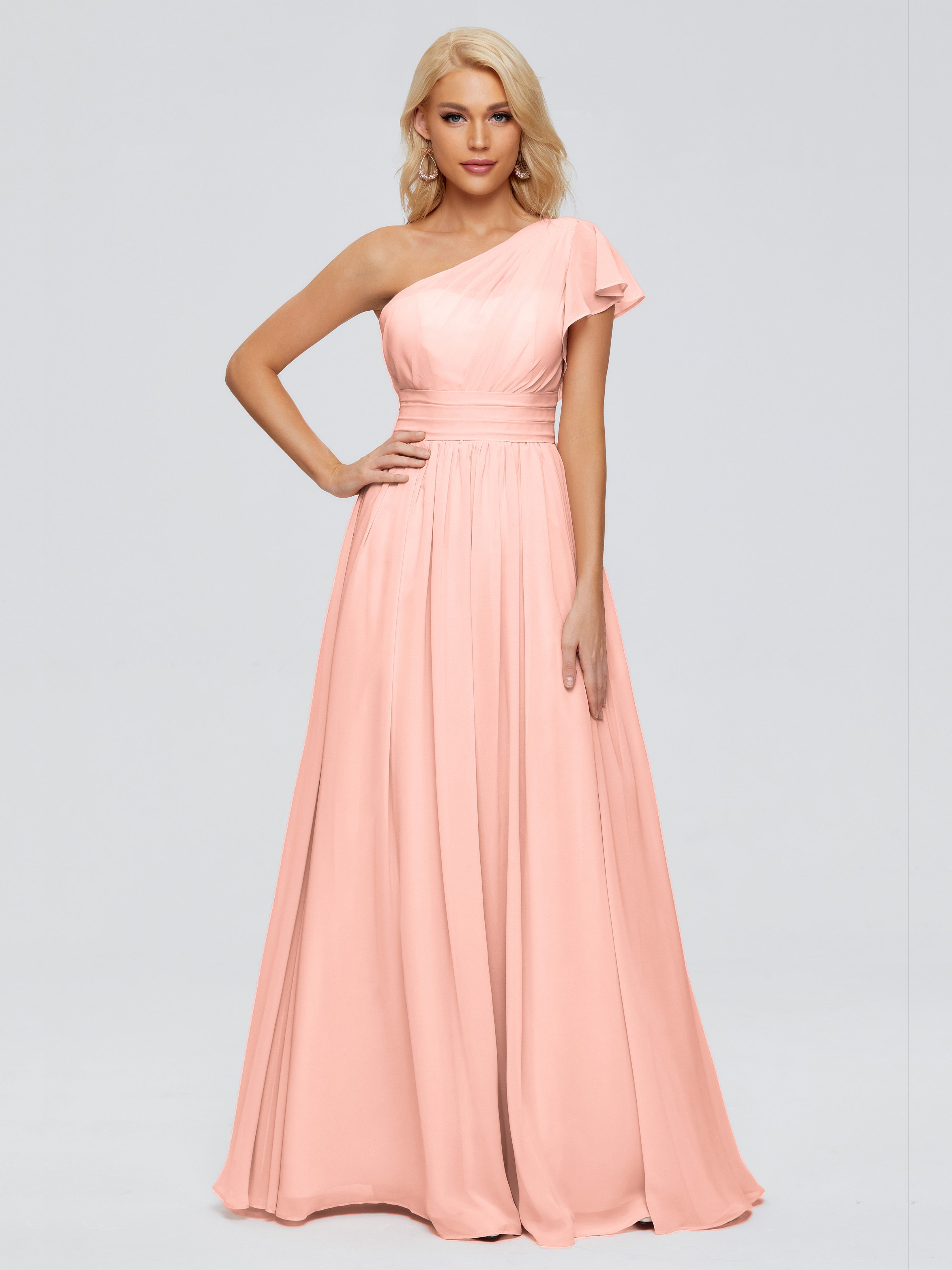 Robe Corail Demoiselle D Honneur Trapèze Seule-Épaule Mousseline Robes Demoiselle D'Honneur