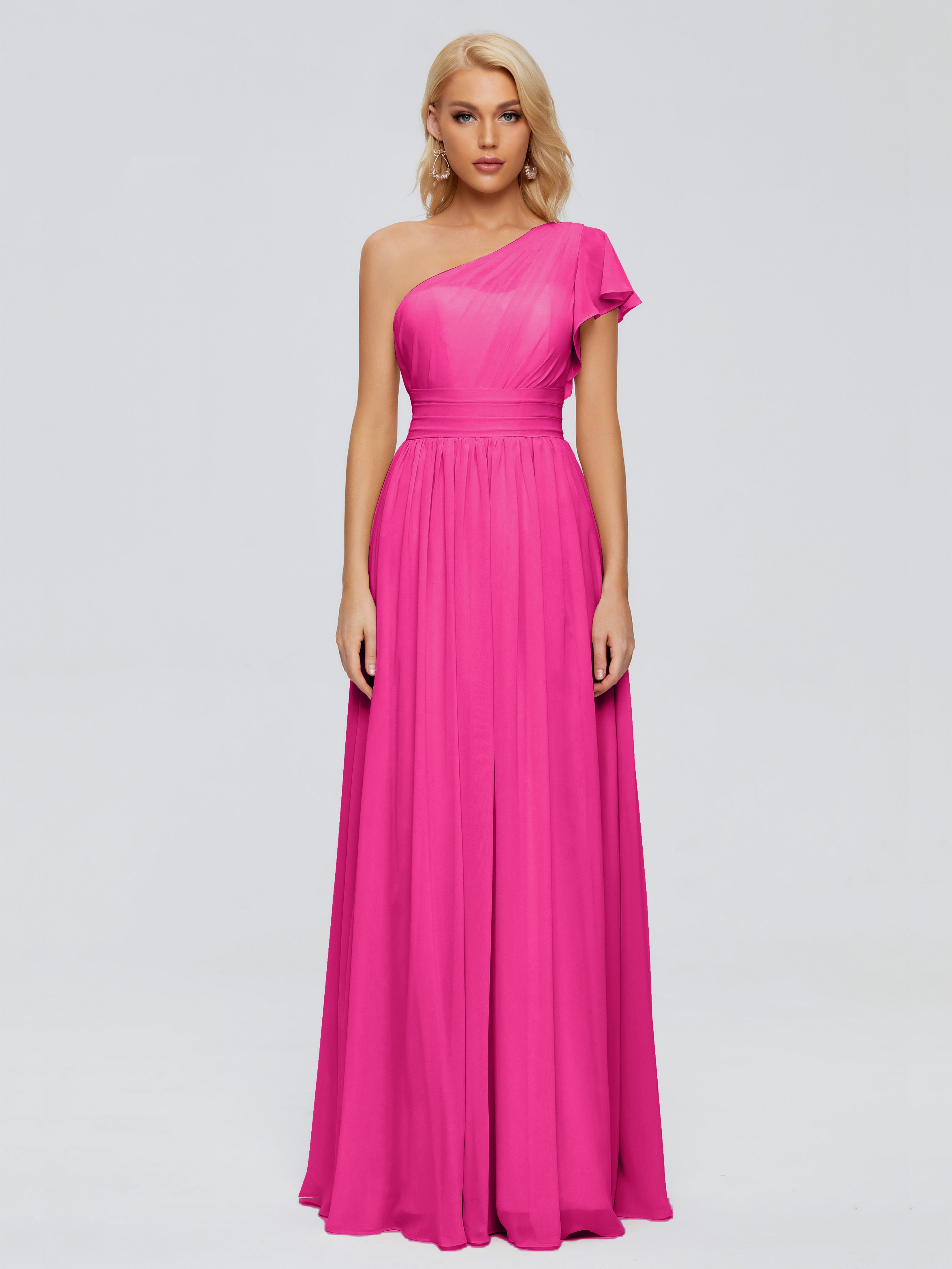 Robe Demoiselle D Honneur Fuchsia Trapèze Seule-Épaule Mousseline Robes Demoiselle D'Honneur