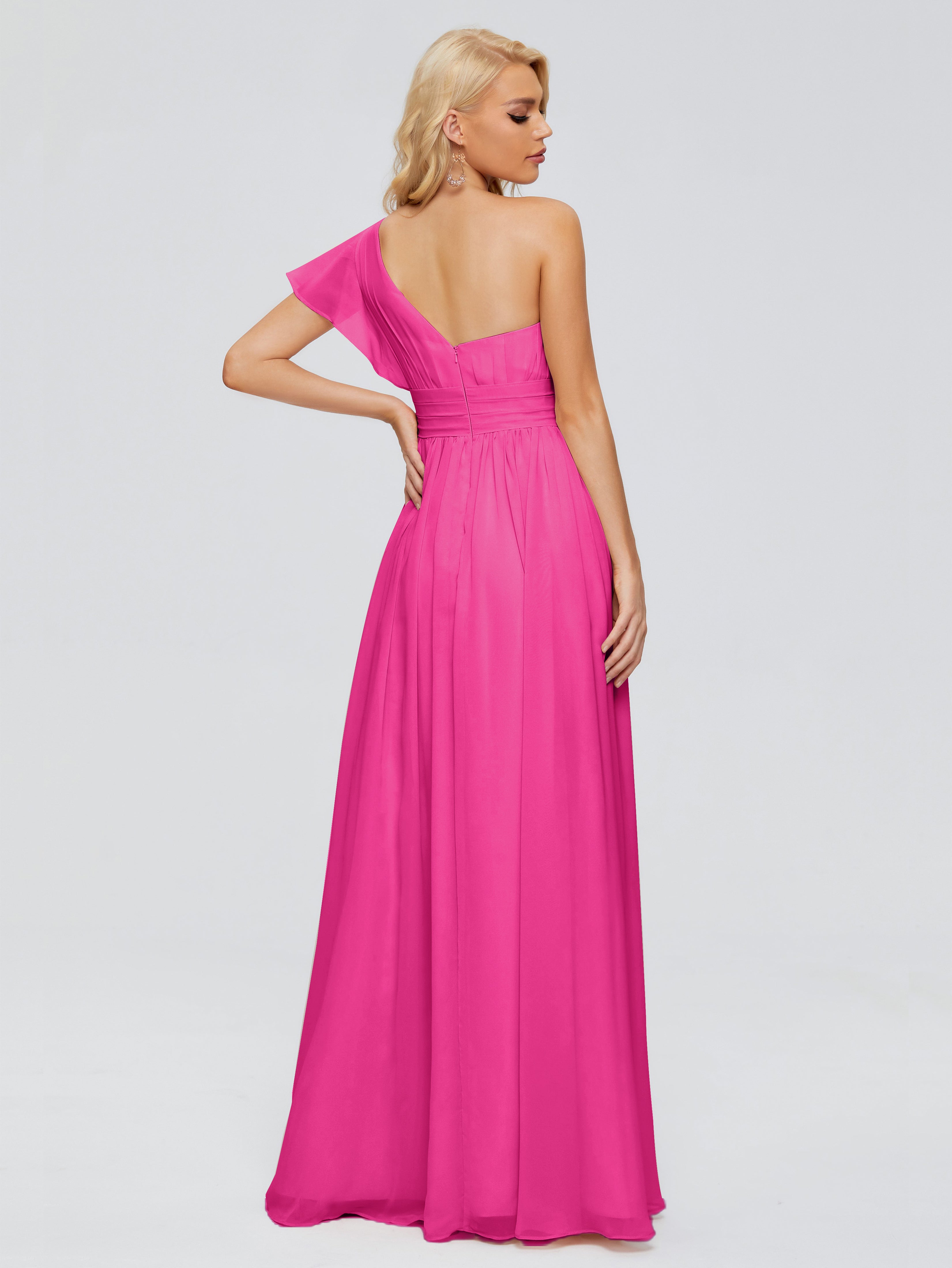 Robe Demoiselle D Honneur Fuchsia Trapèze Seule-Épaule Mousseline Robes Demoiselle D'Honneur