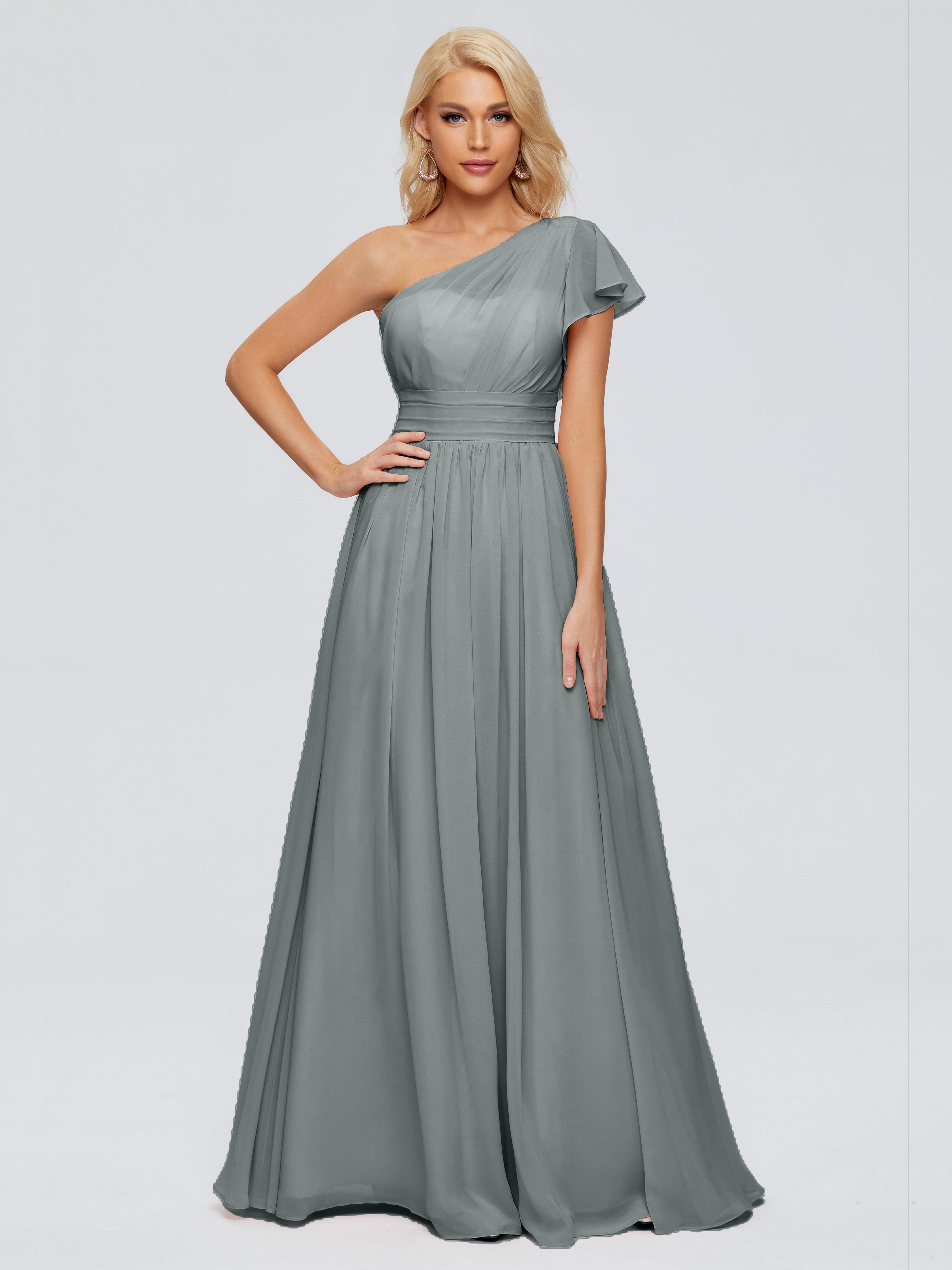 Robe Demoiselle D Honneur Gris Trapèze Seule-Épaule Mousseline Robes Demoiselle D'Honneur