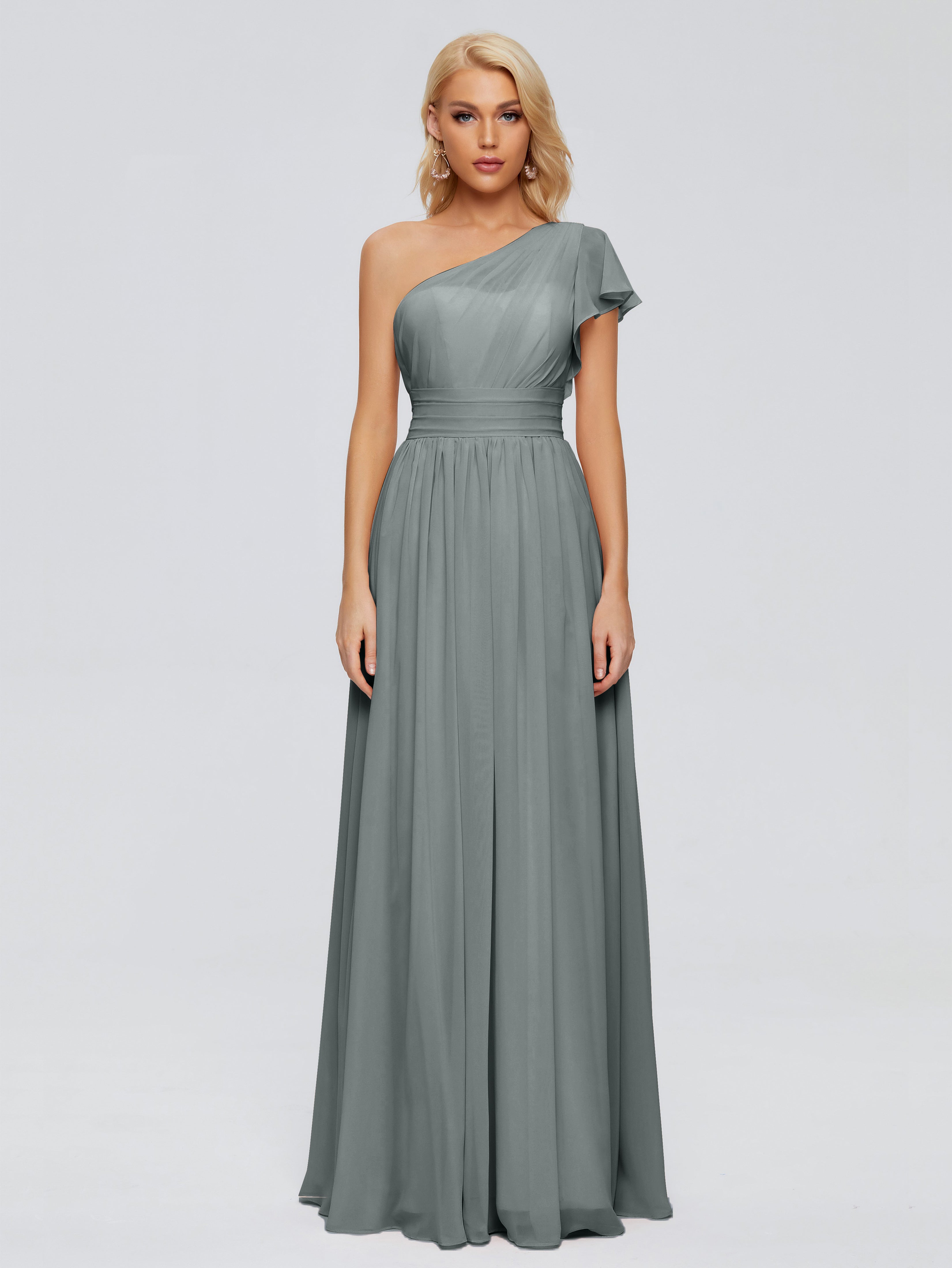 Robe Demoiselle D Honneur Gris Trapèze Seule-Épaule Mousseline Robes Demoiselle D'Honneur