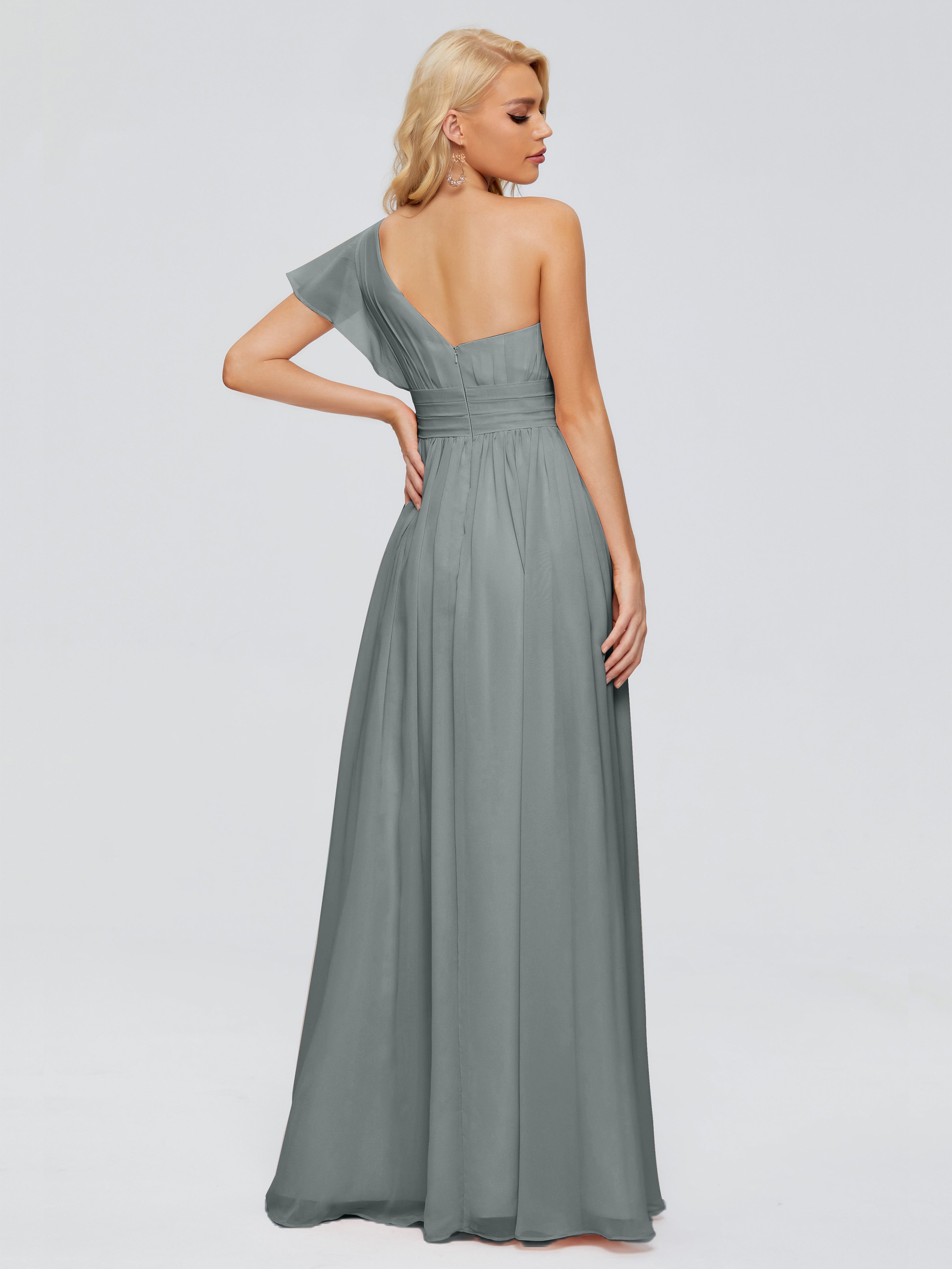 Robe Demoiselle D Honneur Gris Trapèze Seule-Épaule Mousseline Robes Demoiselle D'Honneur