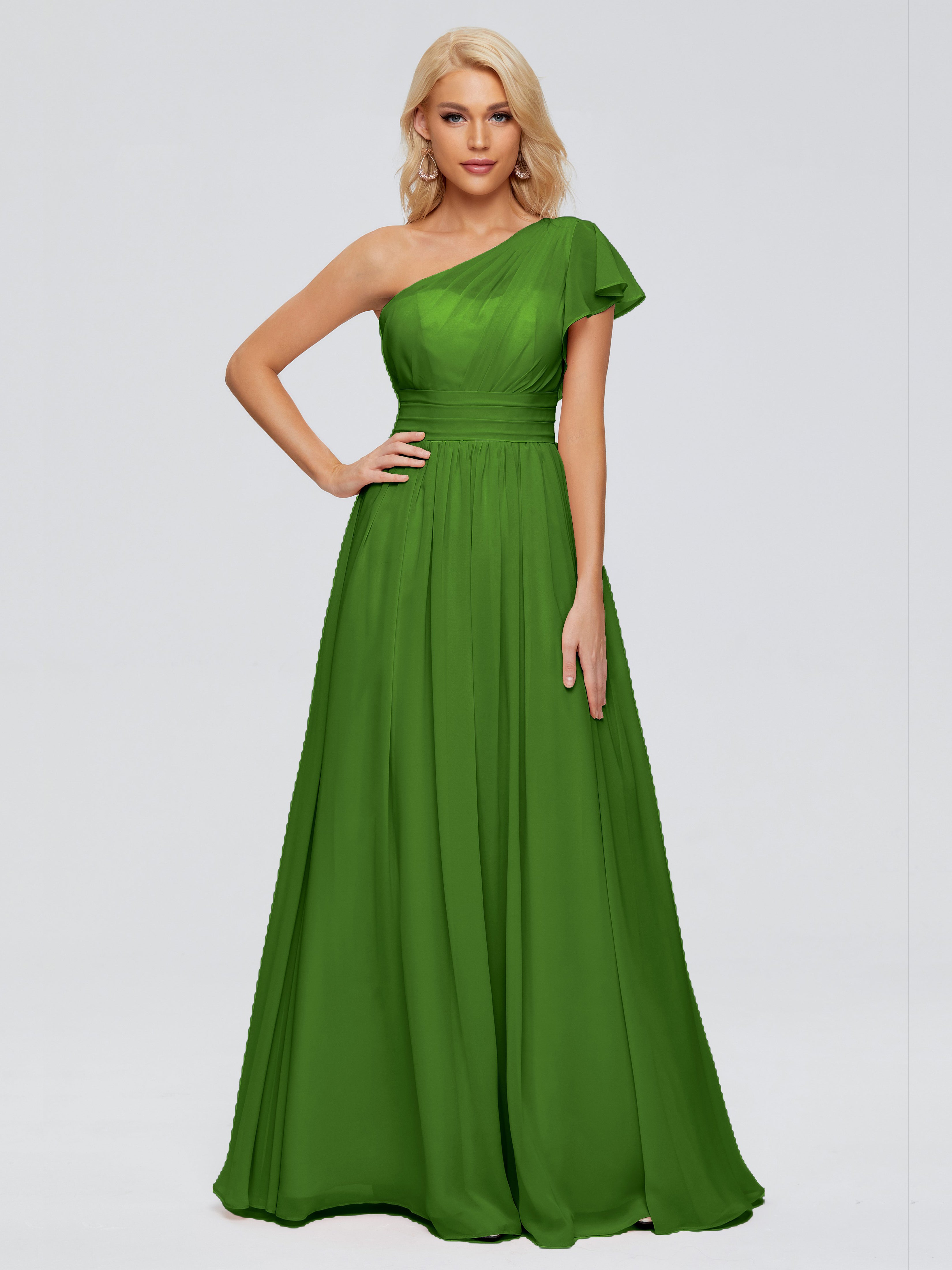 Robes De Demoiselle D'Honneur Vert Mousse Trapèze Seule-Épaule Mousseline Robes Demoiselle D'Honneur