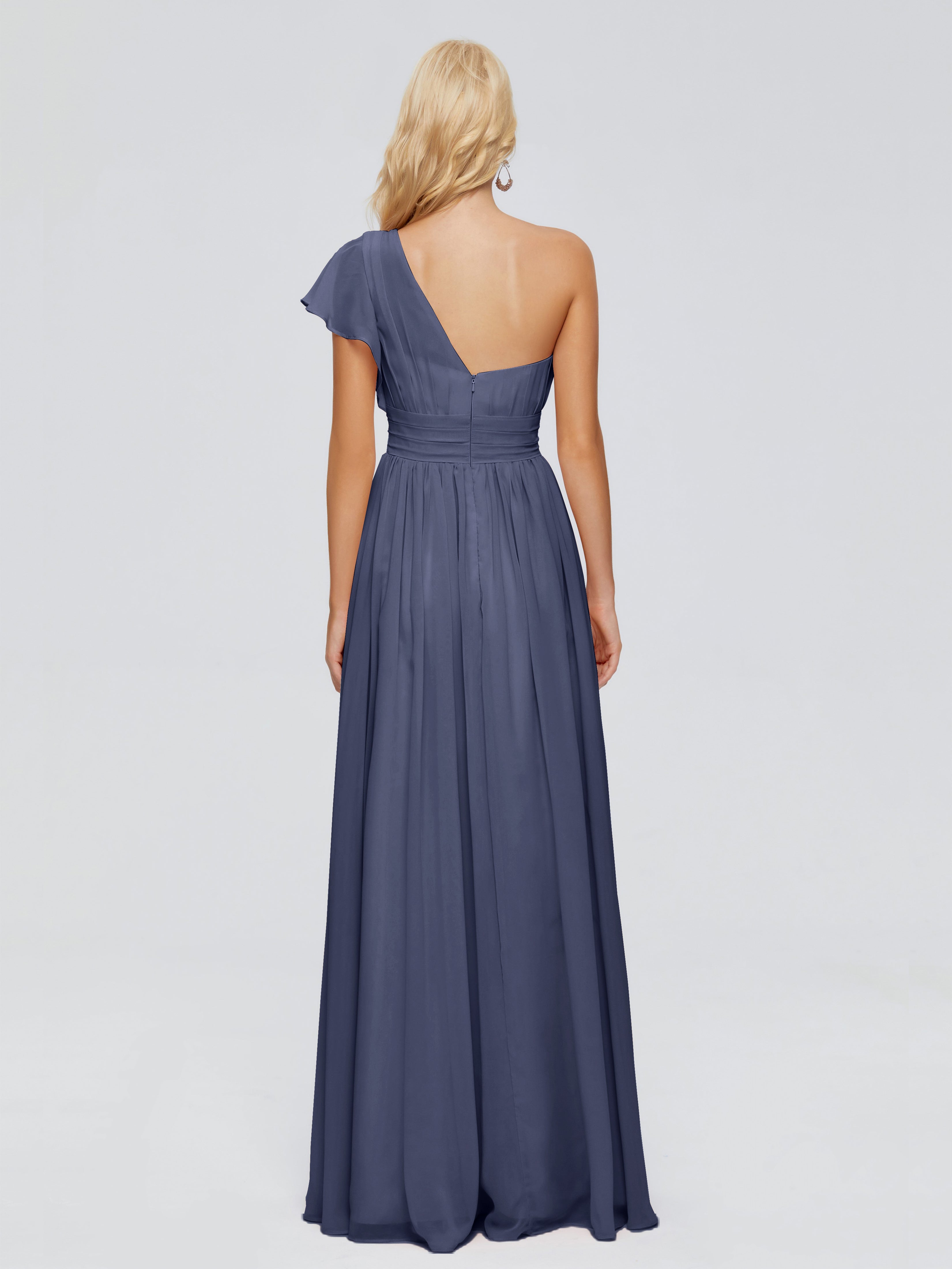 Robes De Demoiselle D'Honneur Bleu Orageux Trapèze Seule-Épaule Mousseline Robes Demoiselle D'Honneur